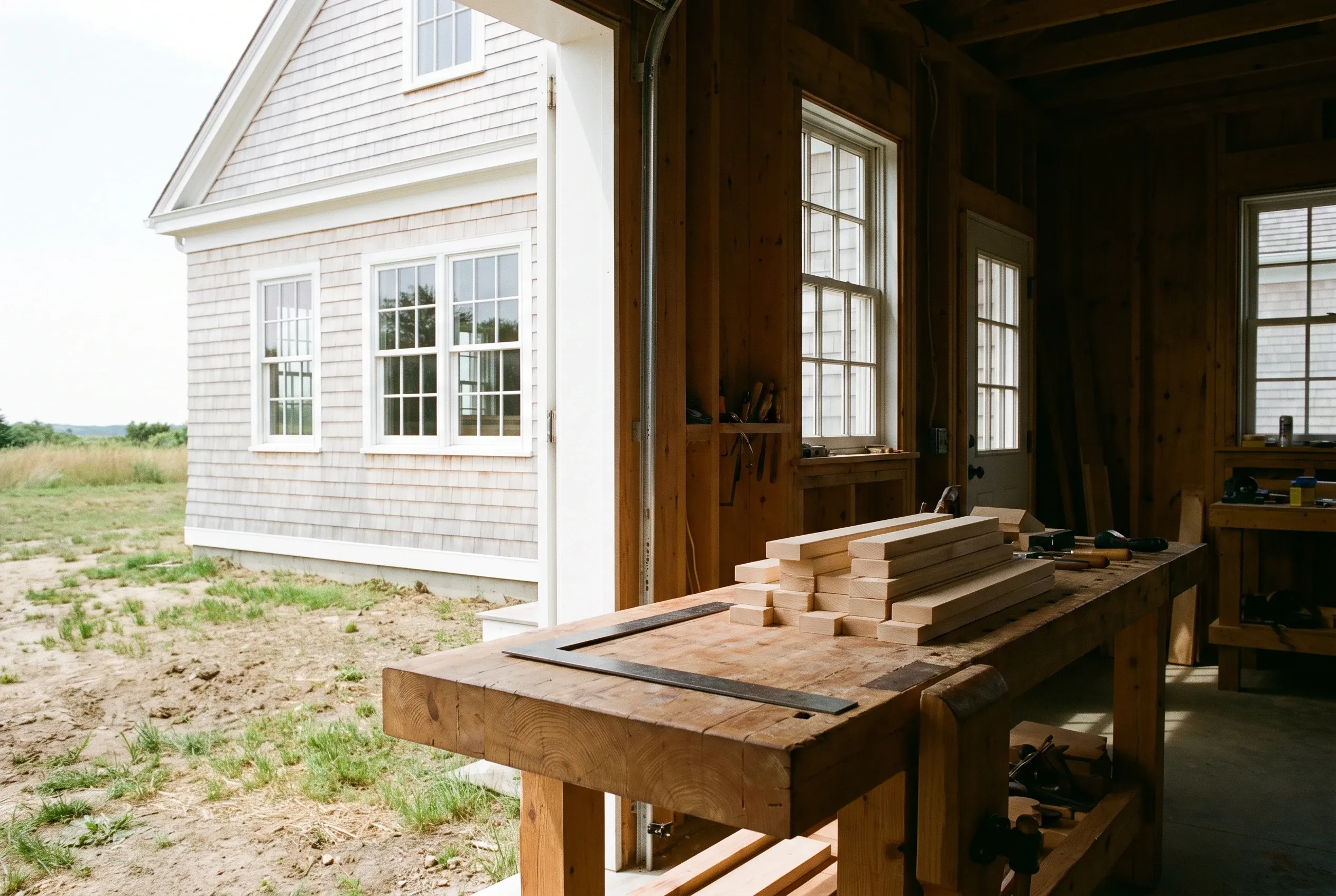Wooden workbench with stacked lumber and a steel square inside a timber workshop, open doorway showing a gray shingled house