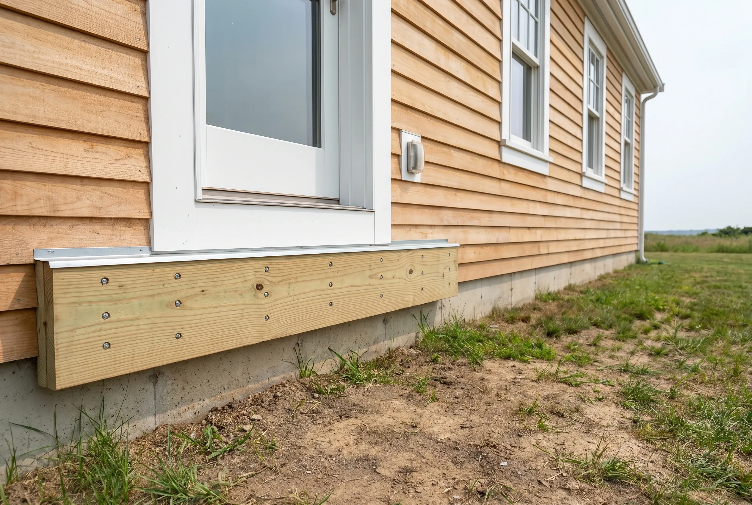 Wood board fastened along the base of a cedar-sided house below a door, with metal flashing above and a concrete foundation