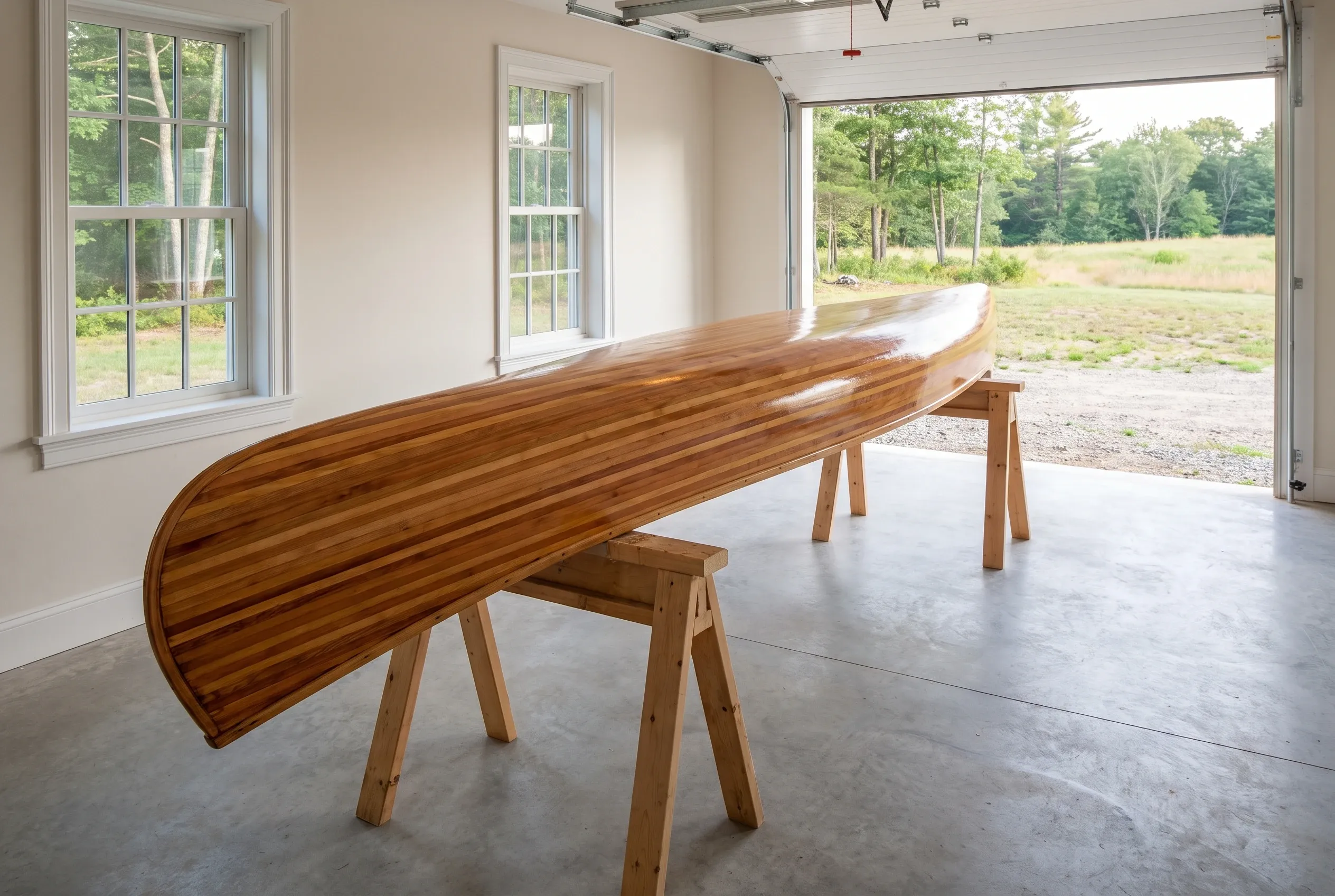 Varnished wooden canoe resting on two sawhorses inside a garage with an open door facing a field