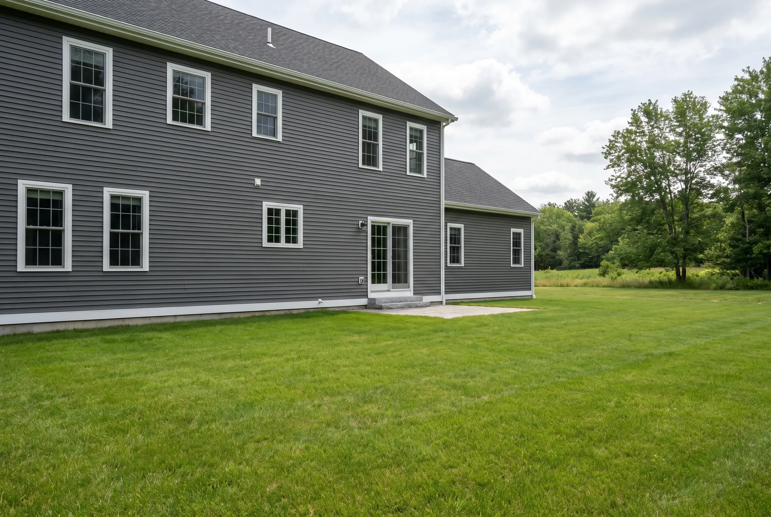 Two-story gray clapboard house with a rear door and small concrete pad beside a wide green lawn and trees