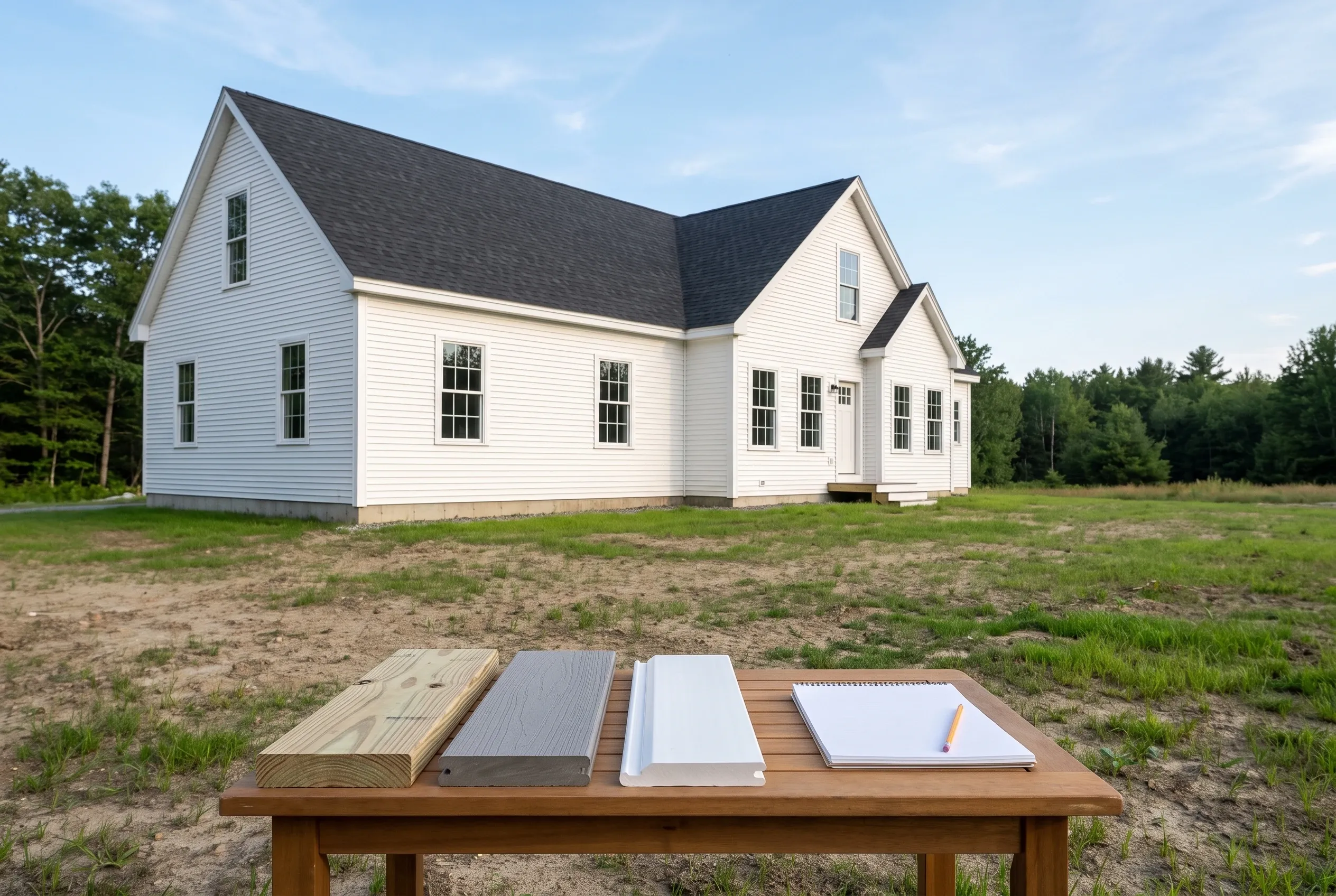 Table outdoors holding wood, gray, and white decking board samples beside a notepad, with a white house on a bare lot behind