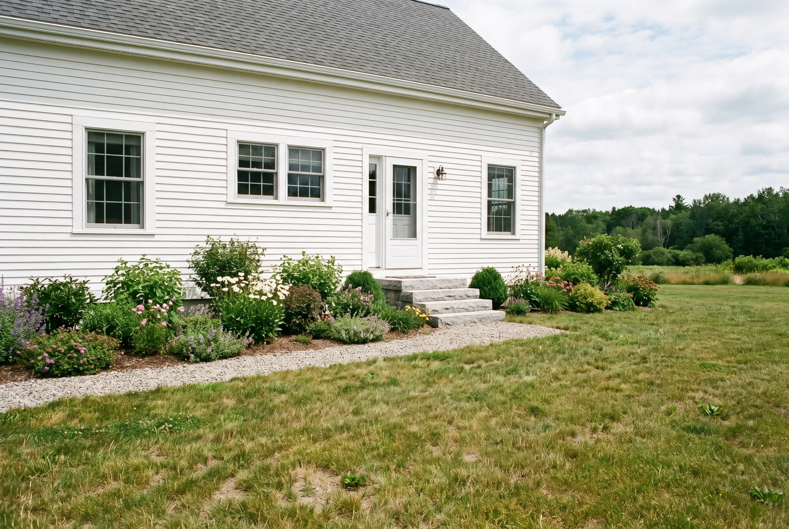 White clapboard house with flowering garden beds, gravel border, and stone entry steps beside a mowed lawn