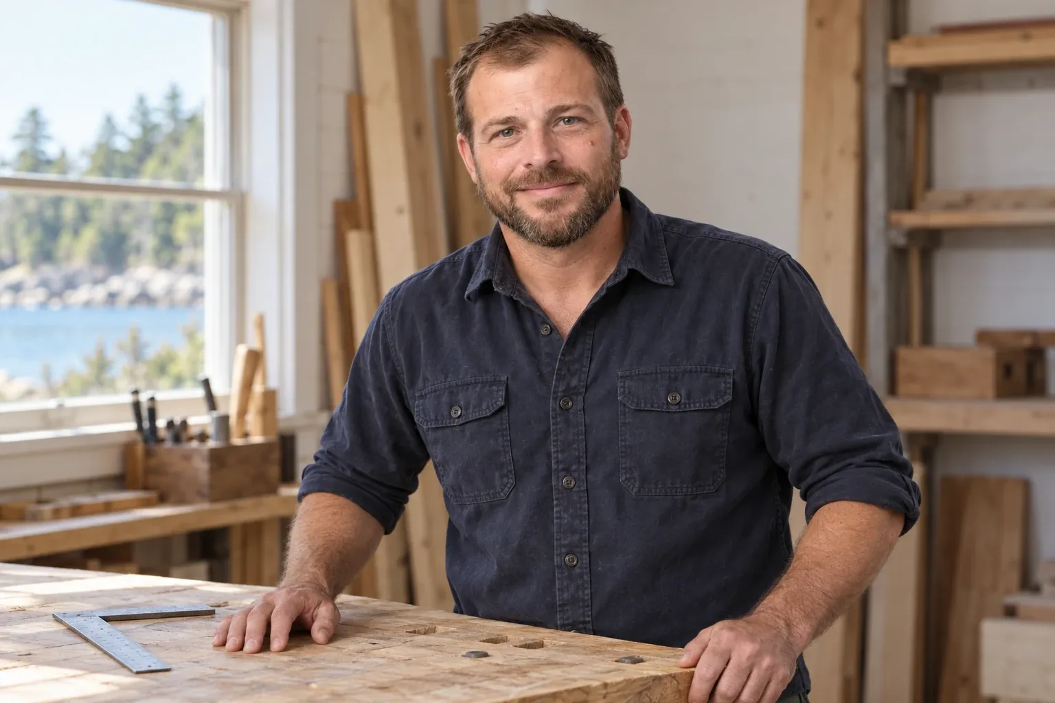 Adam Bennett in a navy work shirt at a timber workbench with a carpenter square