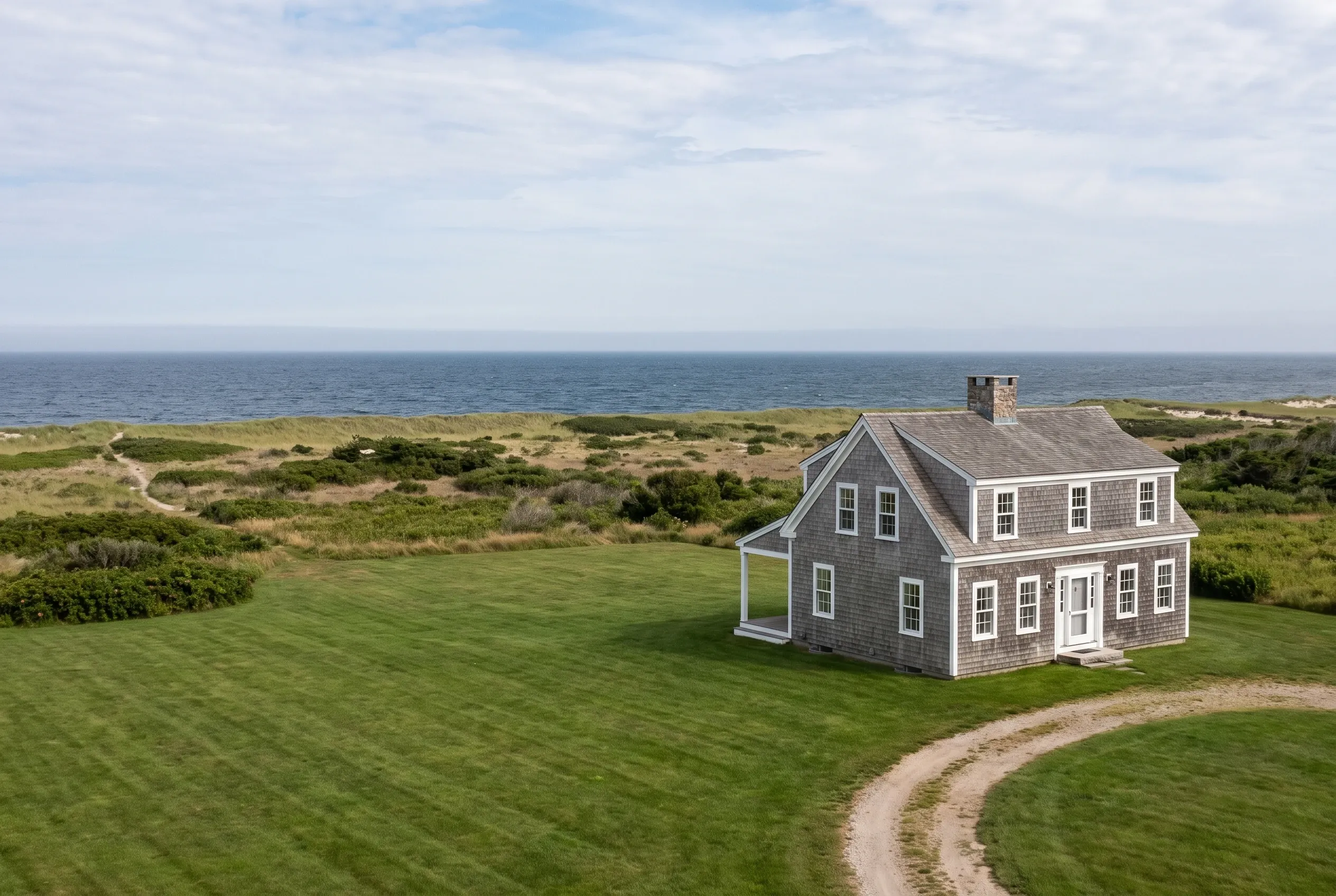 Aerial view of a gray shingled house on a lawn with a curving dirt driveway, dune vegetation, and ocean behind