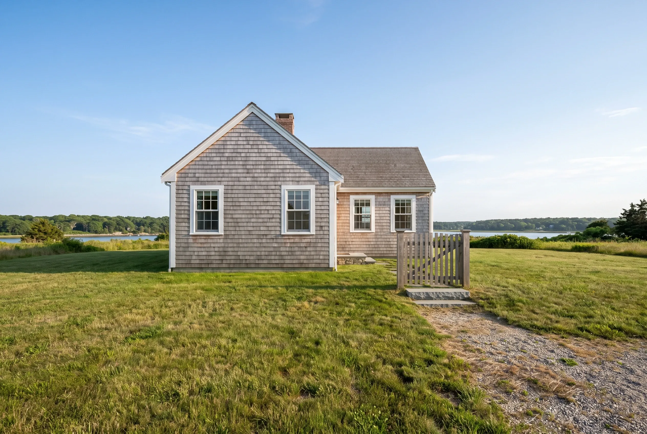 Gray shingled cottage with a chimney, small wooden gate, and gravel path across a grassy lot with water in the distance