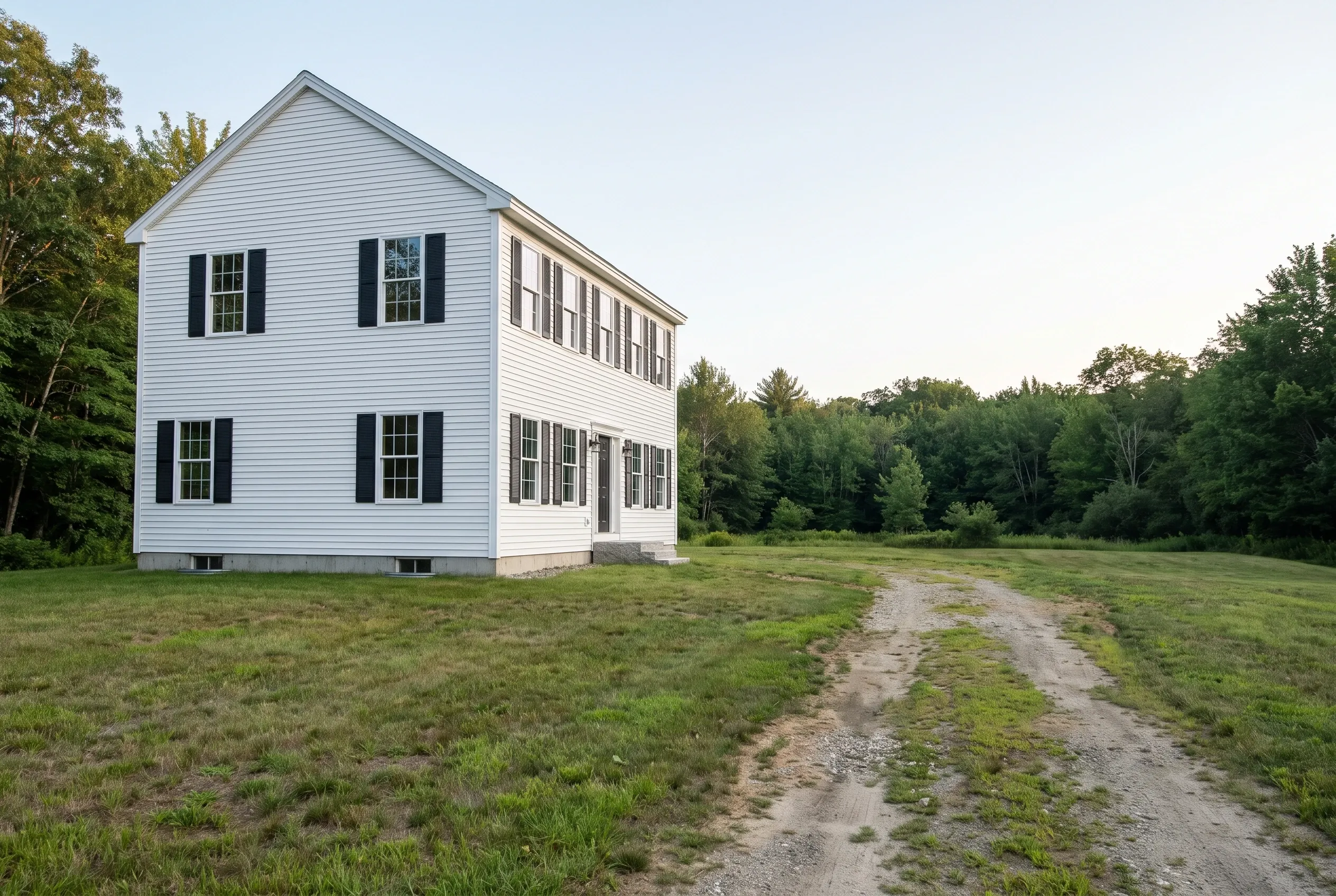 White two-story house with black shutters on a grassy lot, dirt driveway in front, and dense trees surrounding