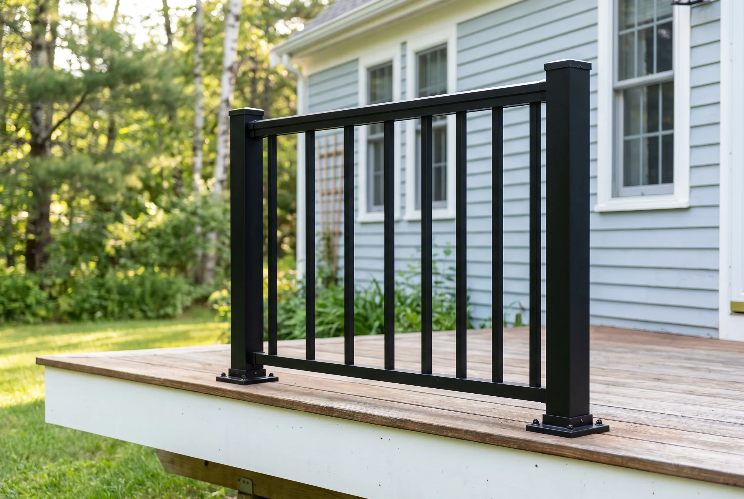 Close view of a black metal railing section with vertical balusters mounted on a deck edge with white fascia beside light blue siding
