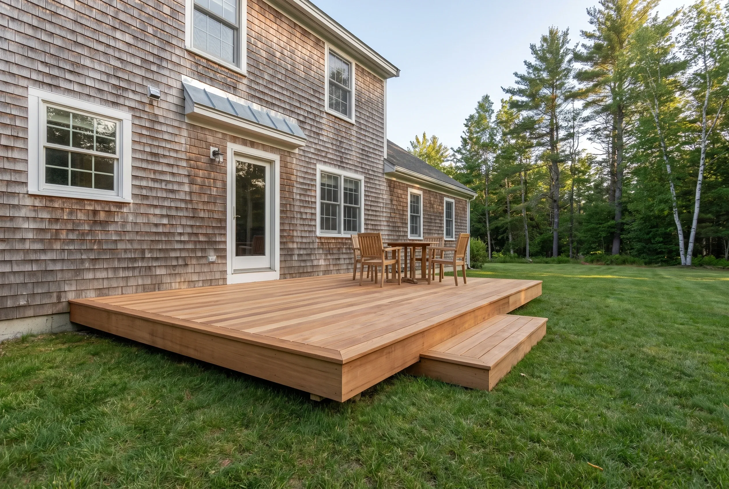 Low wood deck with a wide step attached to a cedar-shingled house, a small table and two chairs on the deck