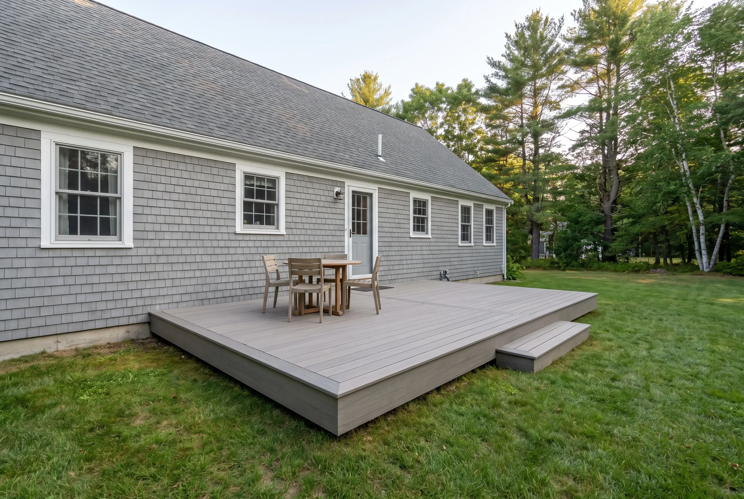 Deck builders in Acton, ME: low gray deck with a single step, patio table and chairs, attached to a gray shingled house