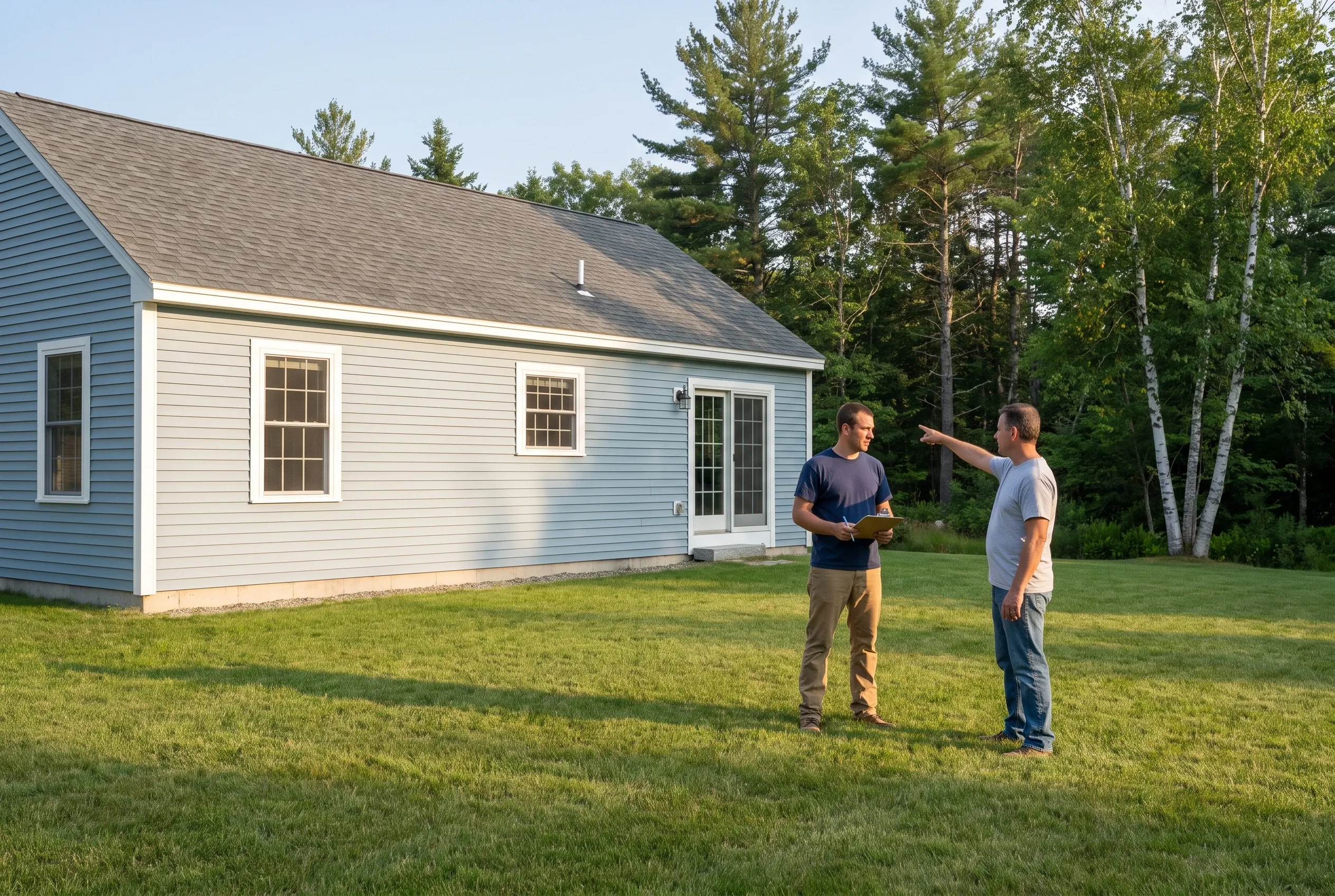 Two men talking on a backyard lawn beside a blue-sided house, one holding a clipboard while the other points toward the house
