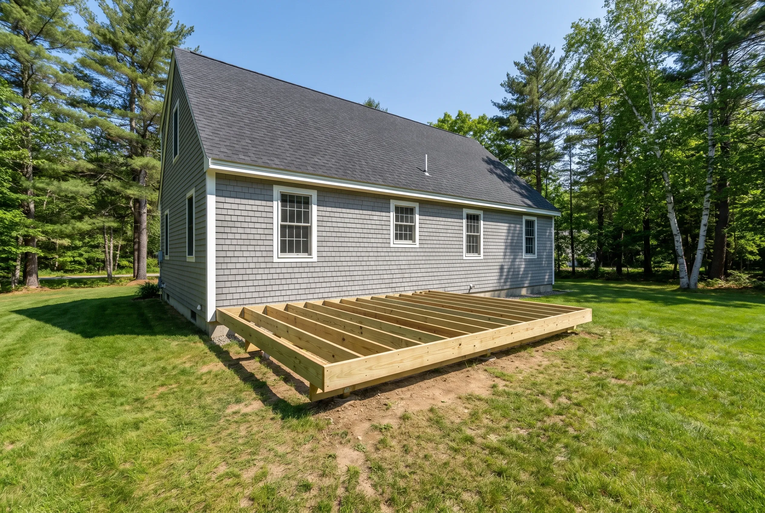 Undecked wood deck frame with joists resting on bare soil in a lawn beside a gray shingled house