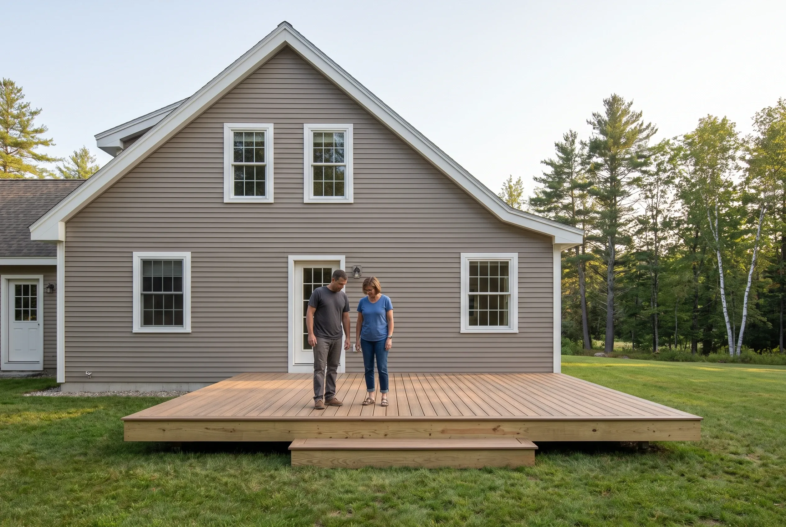 Two people standing on a finished low wood deck with a wide step behind a taupe-sided house with white trim