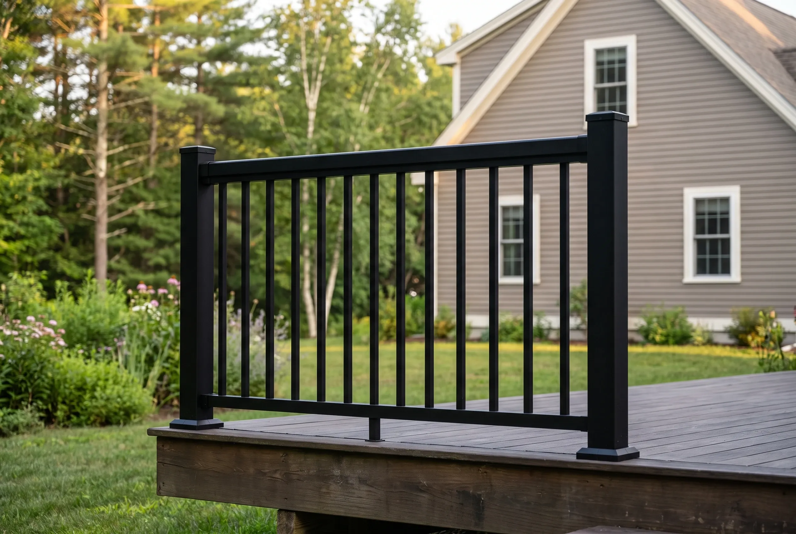 Black metal railing section with vertical balusters on a dark deck edge, with a taupe-sided house and garden plants behind