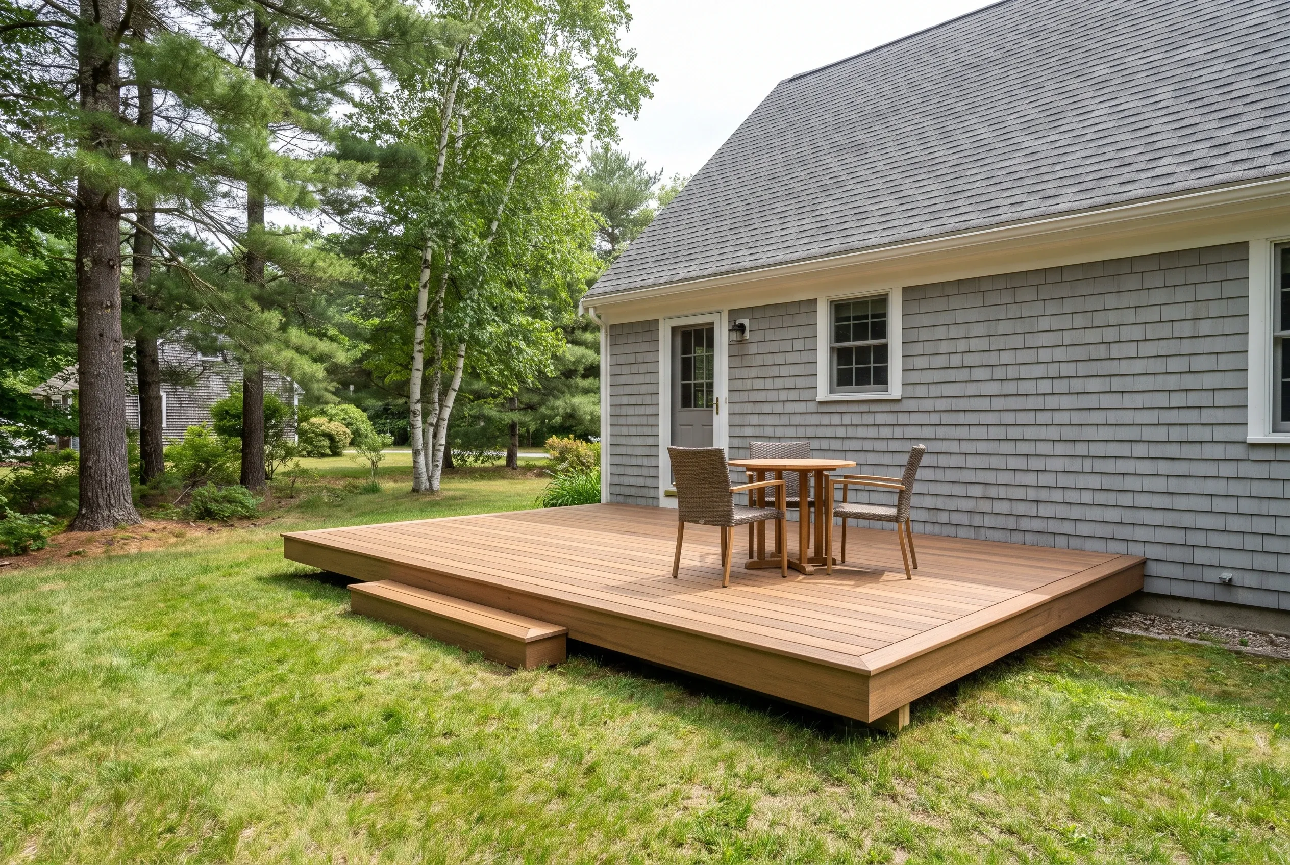 Low wood platform deck with a single step, table and chairs, attached to a gray shingled house beside a lawn and trees