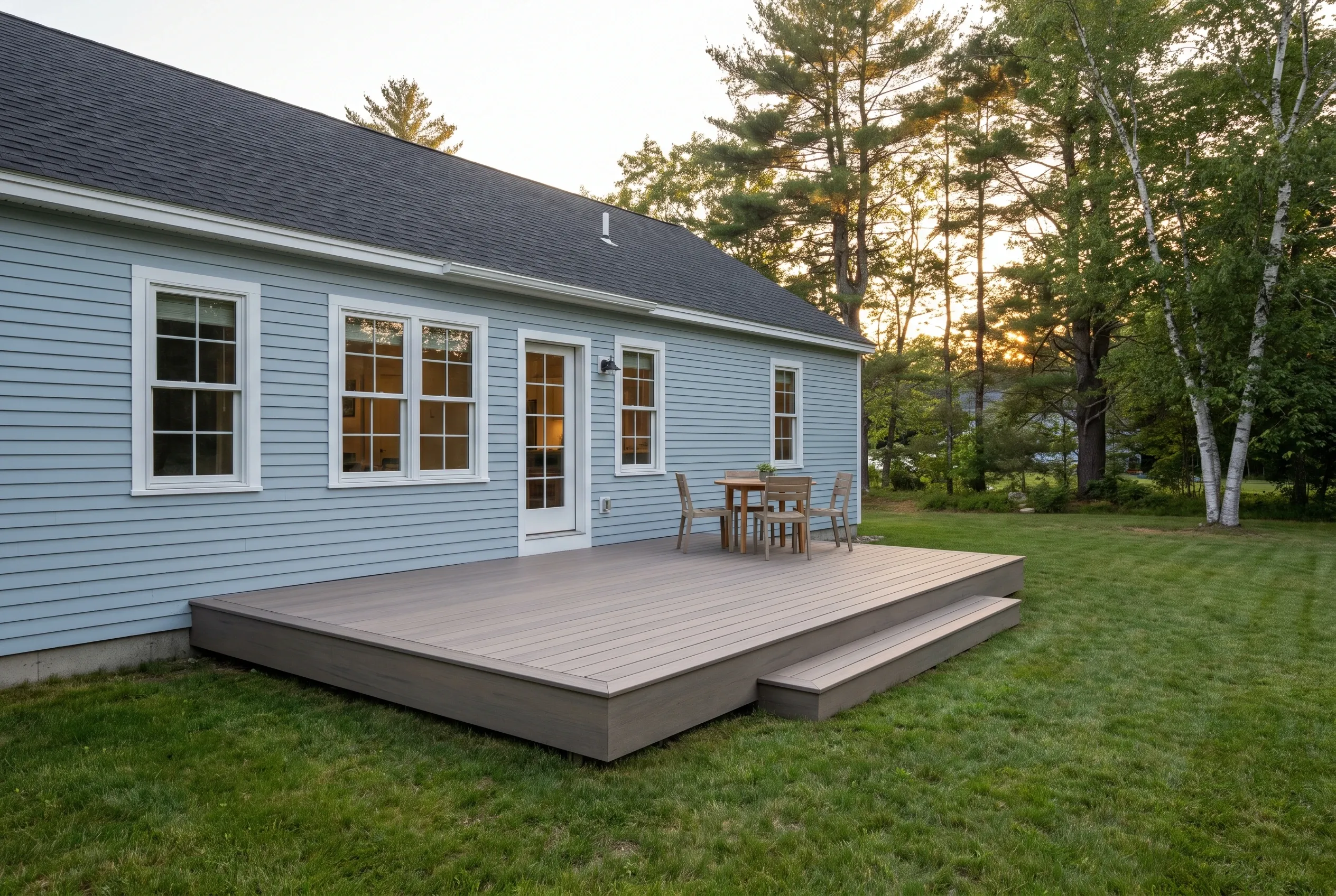 Deck builders in Alfred, ME: low gray platform deck with a front step, table and chairs, behind a light blue house