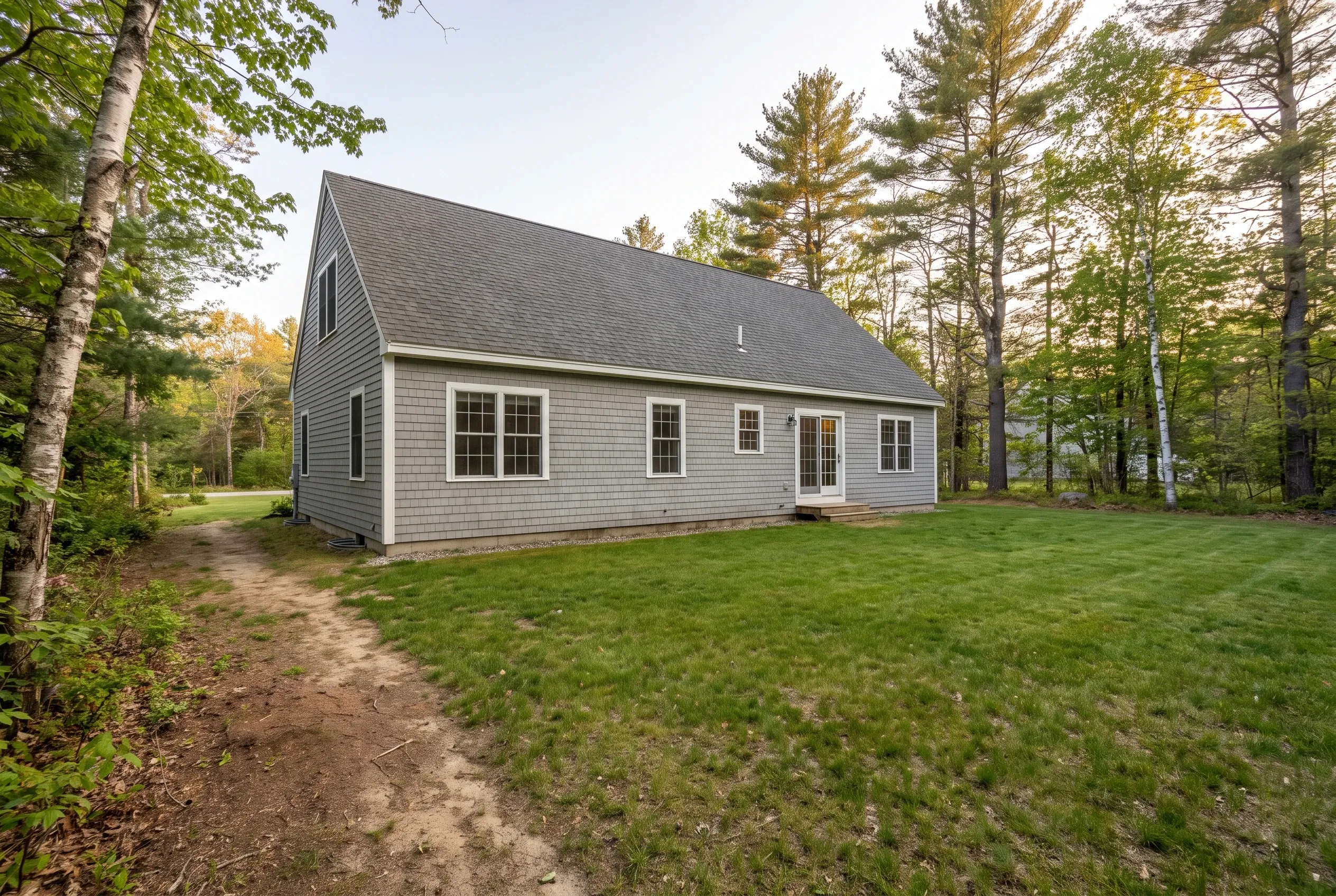 Gray single-story house with an open backyard lawn, dirt path, and surrounding pine and birch trees, with no deck present