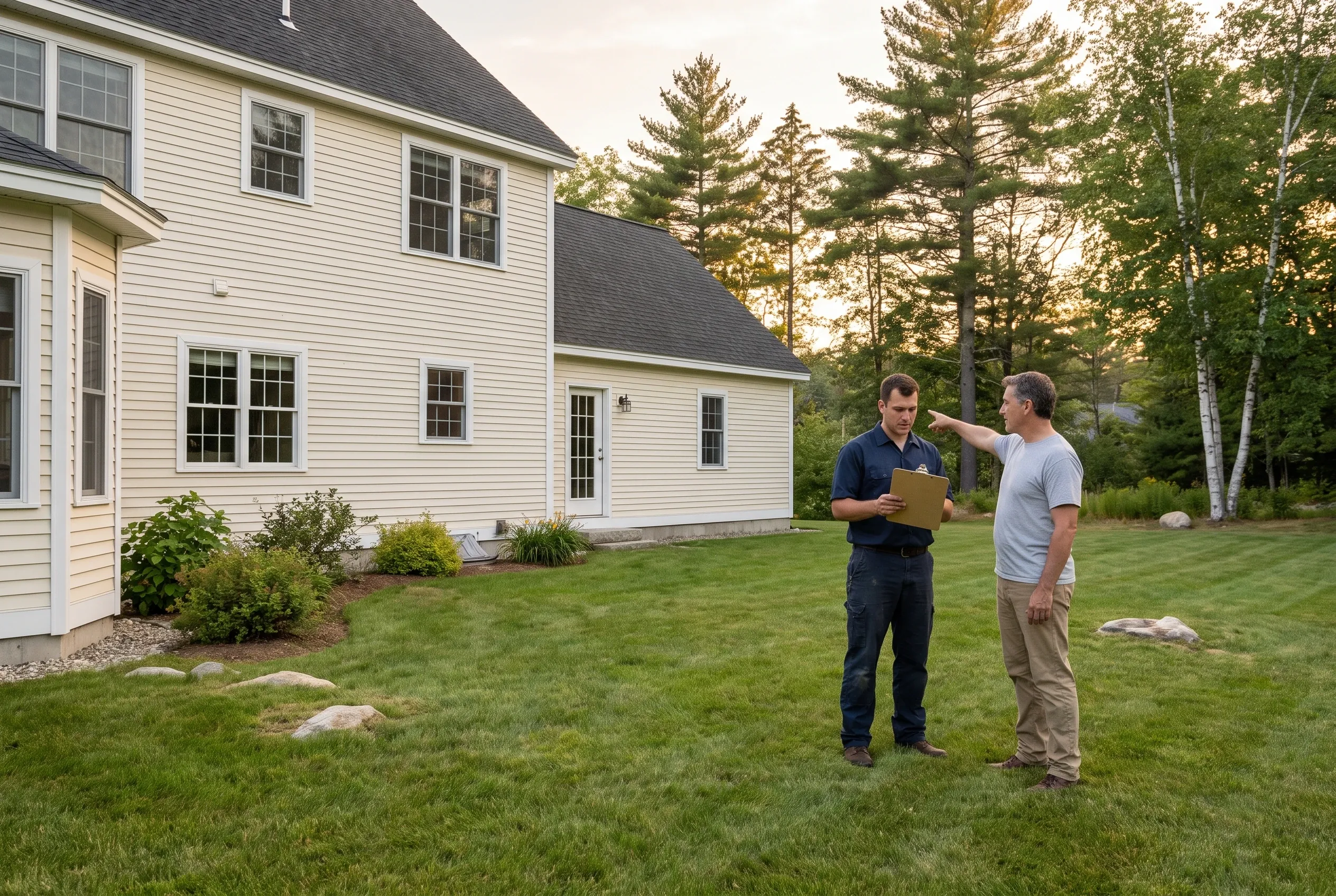 Two men stand in a backyard beside a cream house, one holding a clipboard while the other points toward the yard