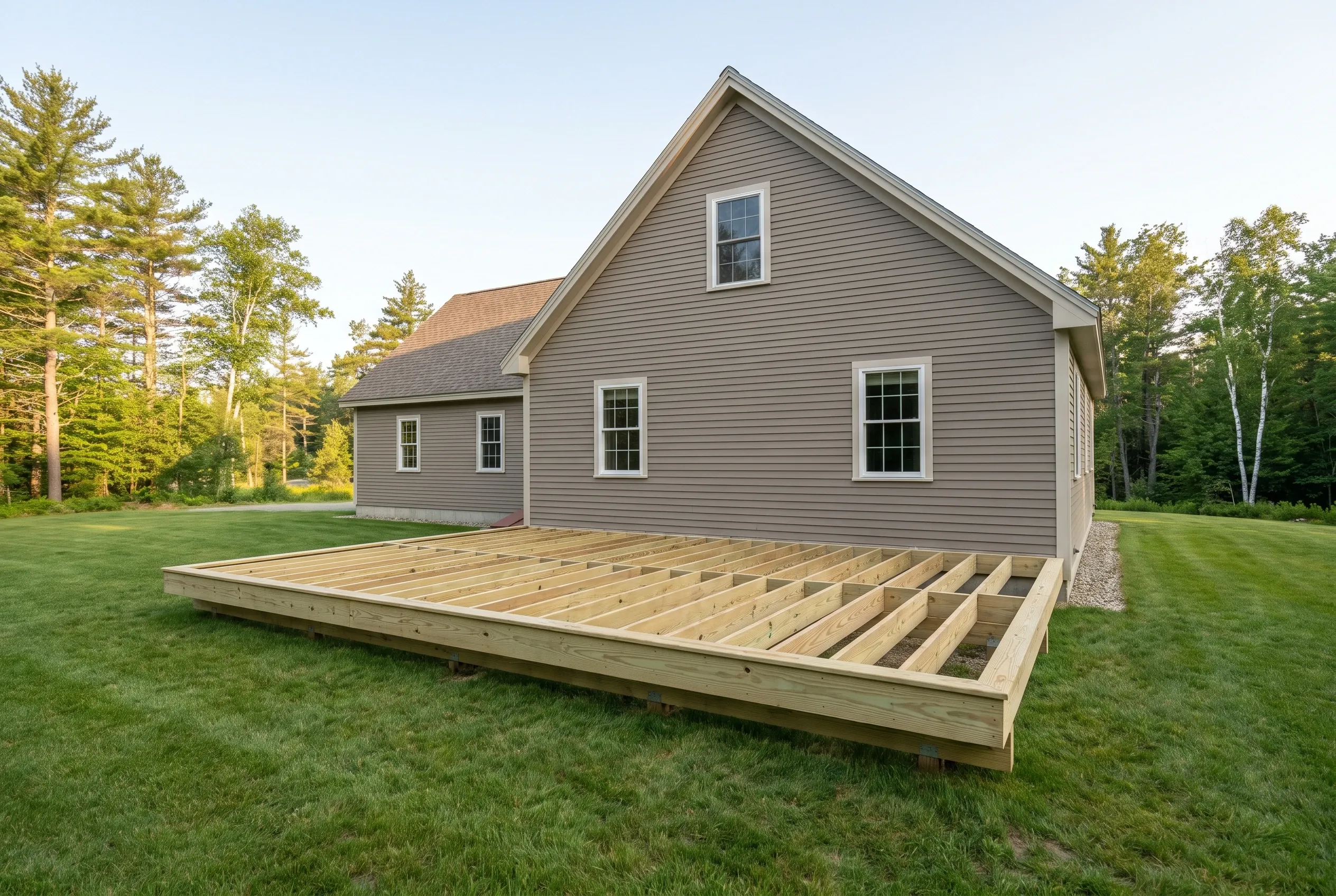 Undecked low wood deck frame with perimeter boards, joists, and blocking set on a lawn behind a gray house