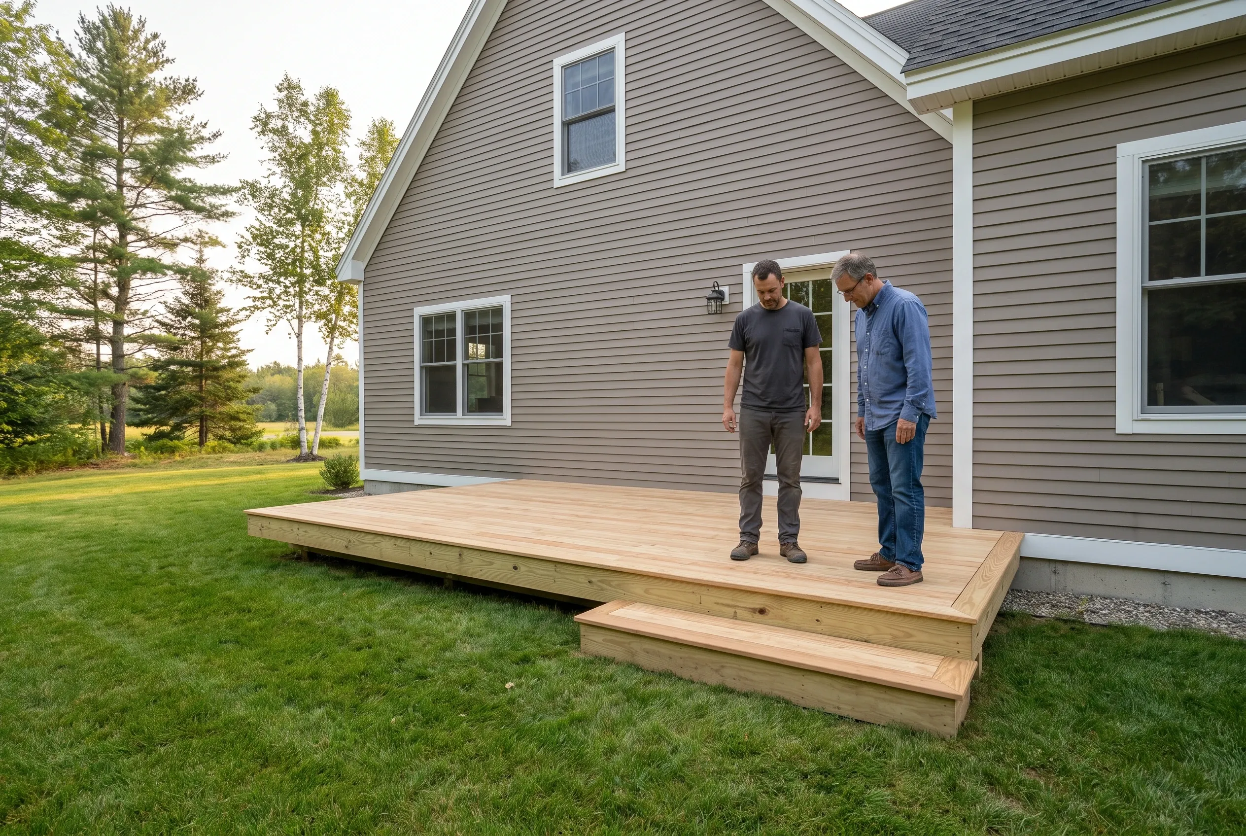 Two men stand on a finished low wood deck with a step, looking down at the boards beside a taupe house