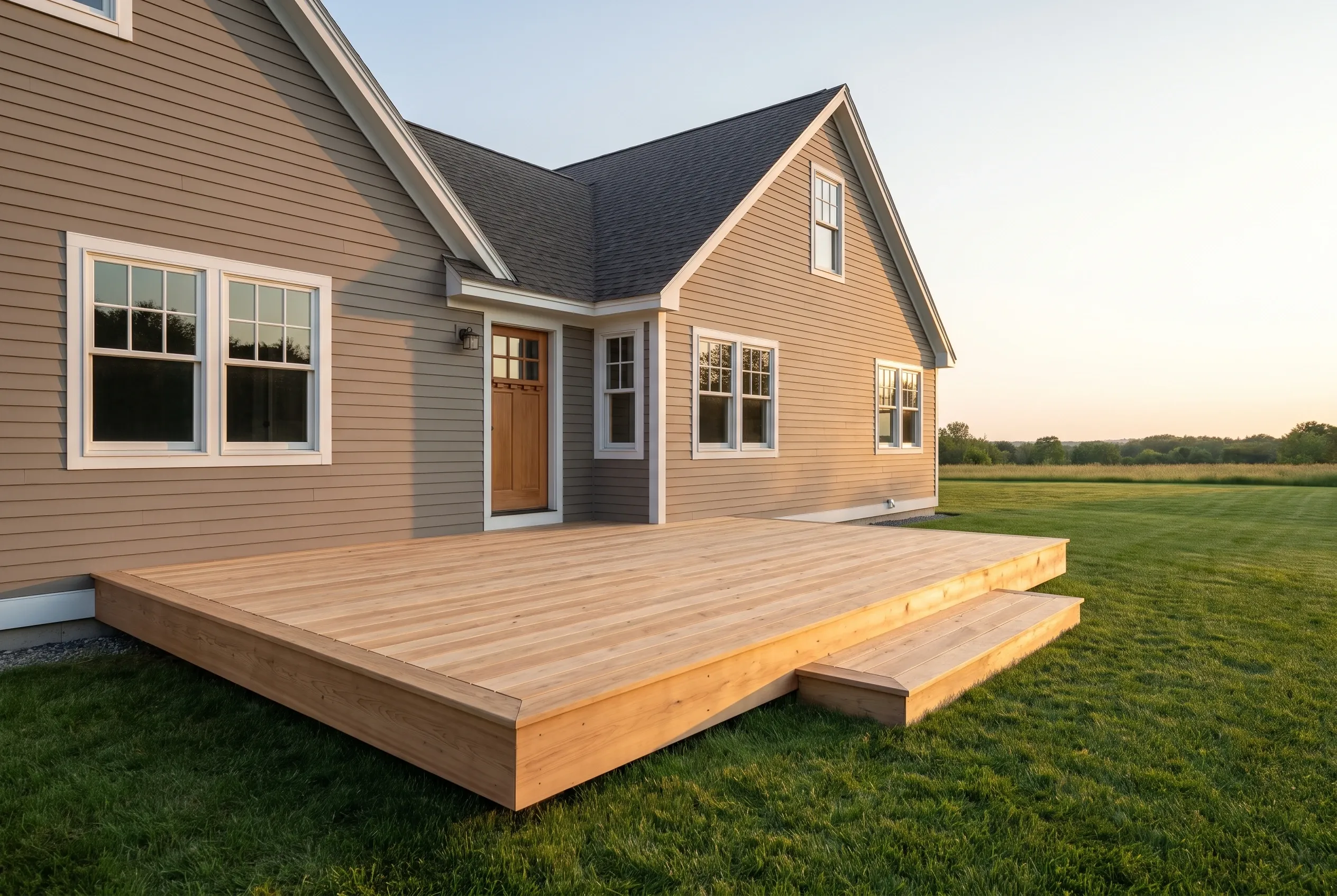 Low wood platform deck with a single wide step on a lawn beside a gray clapboard house at dusk