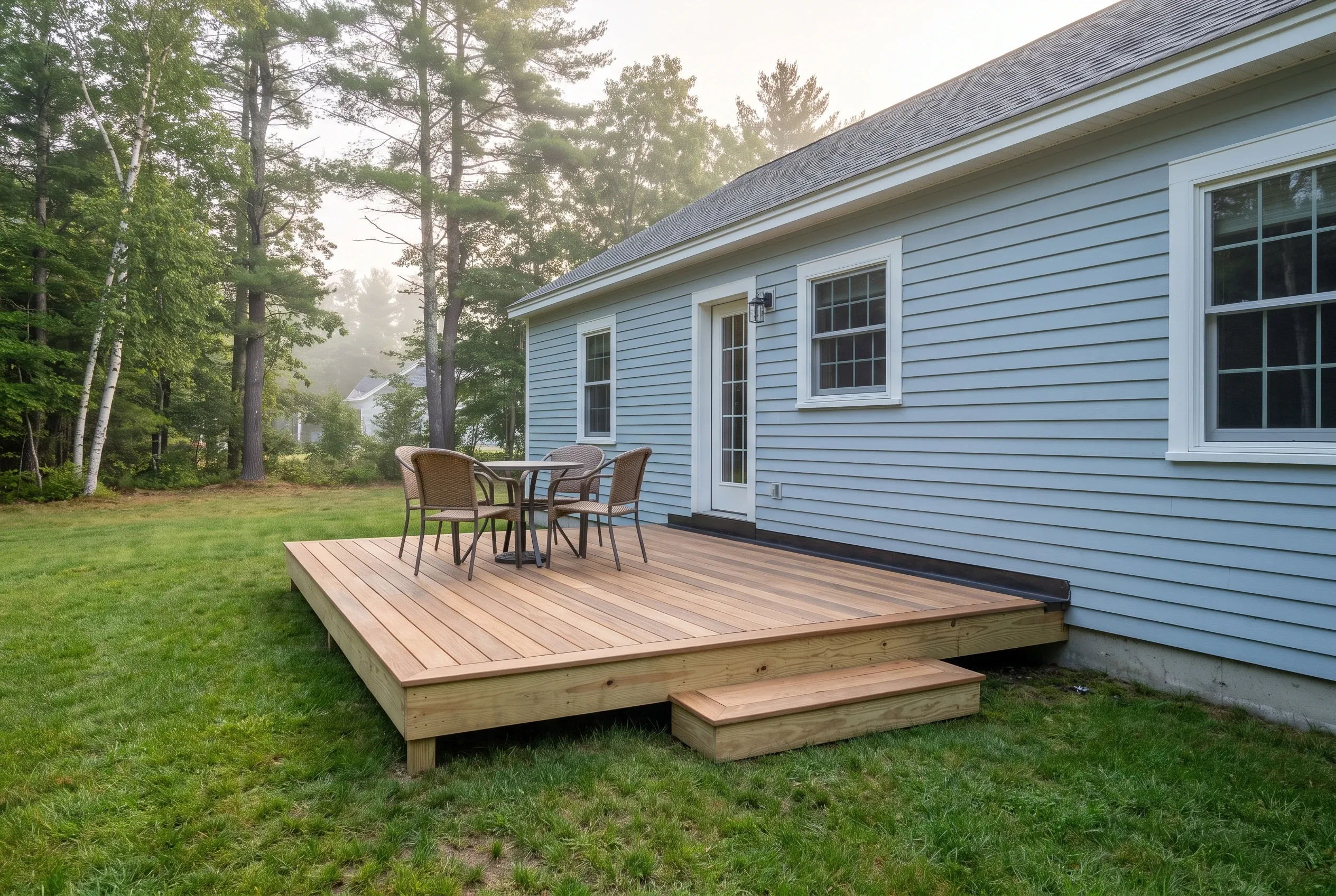 Low wood deck with a step, patio table and wicker chairs attached to a light blue house near pine trees