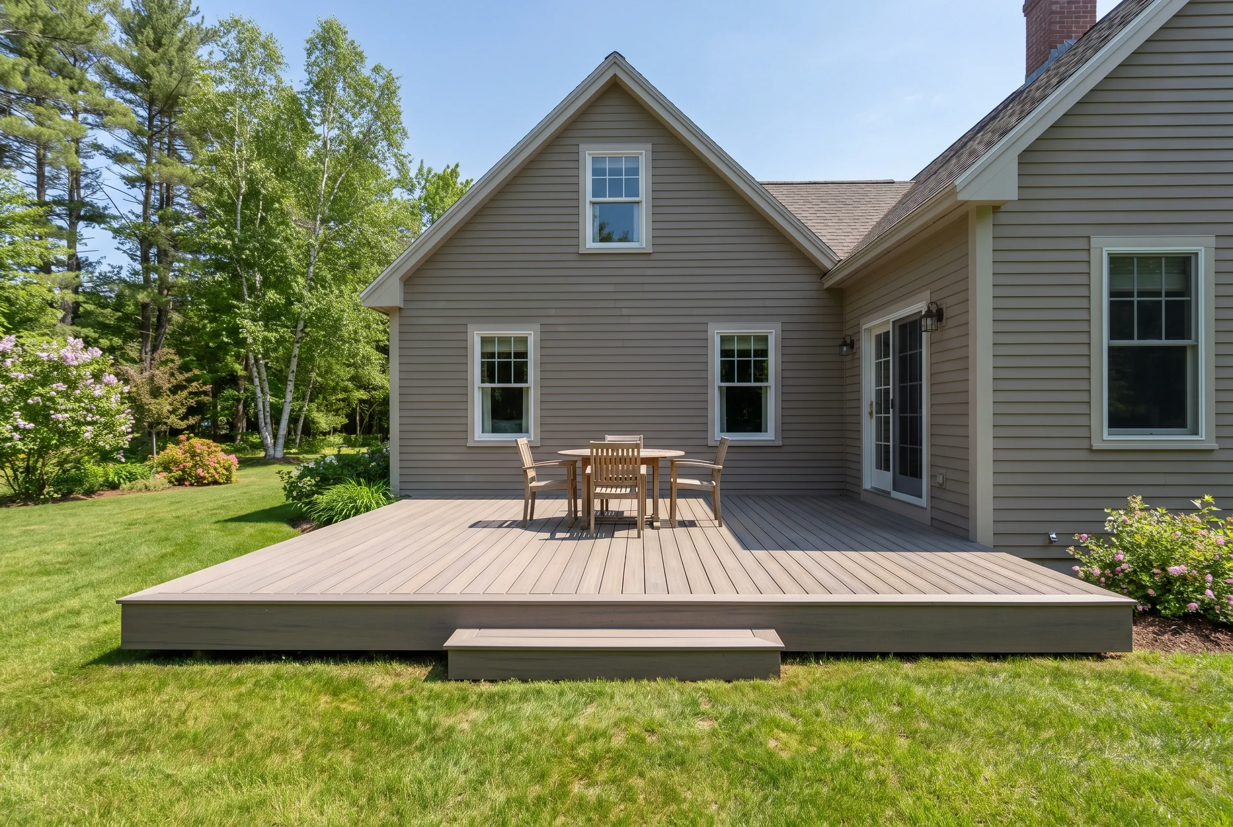 Deck builders in Arundel, ME: low gray-brown platform deck with a center step, table and chairs behind a taupe house