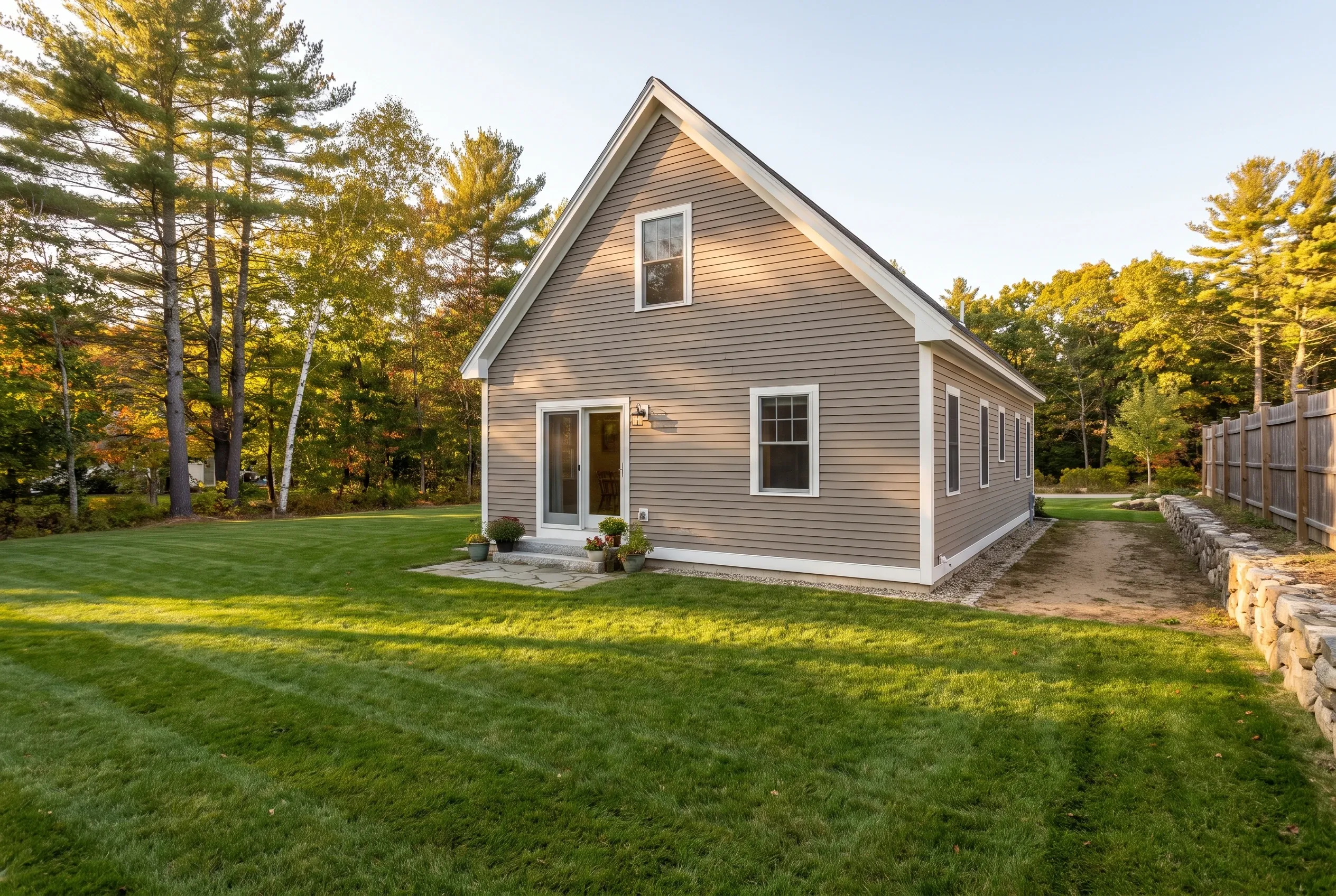 Tan cape-style house with a rear glass door, open lawn, stone wall, wooden fence and dirt path, with no deck present