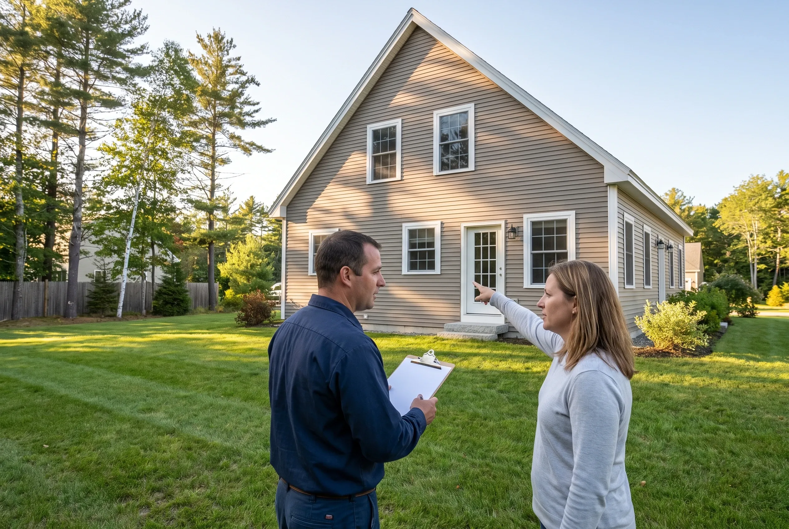 Man holding a clipboard listens as a woman points toward the back door of a tan house in a grassy yard