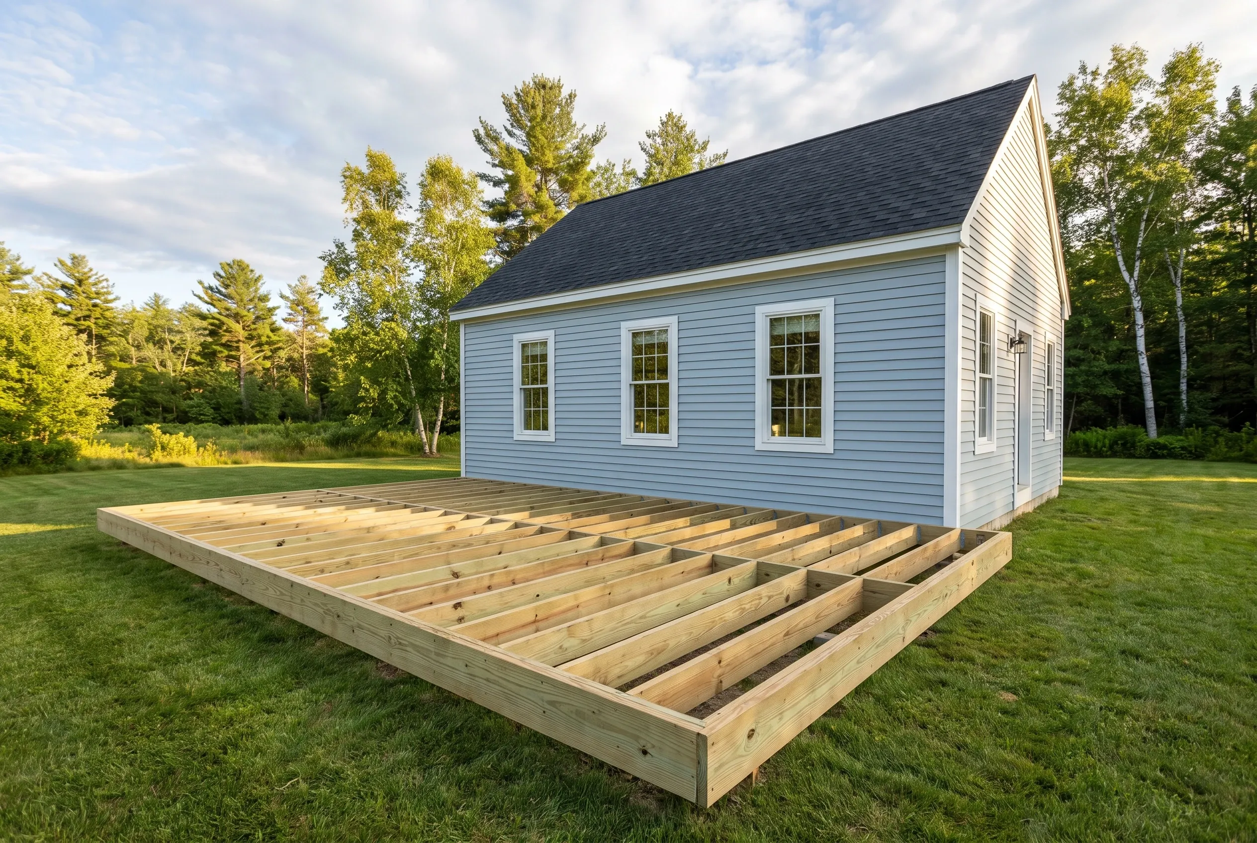 Undecked wood framing with rim boards and evenly spaced joists sitting on the lawn beside a light blue house