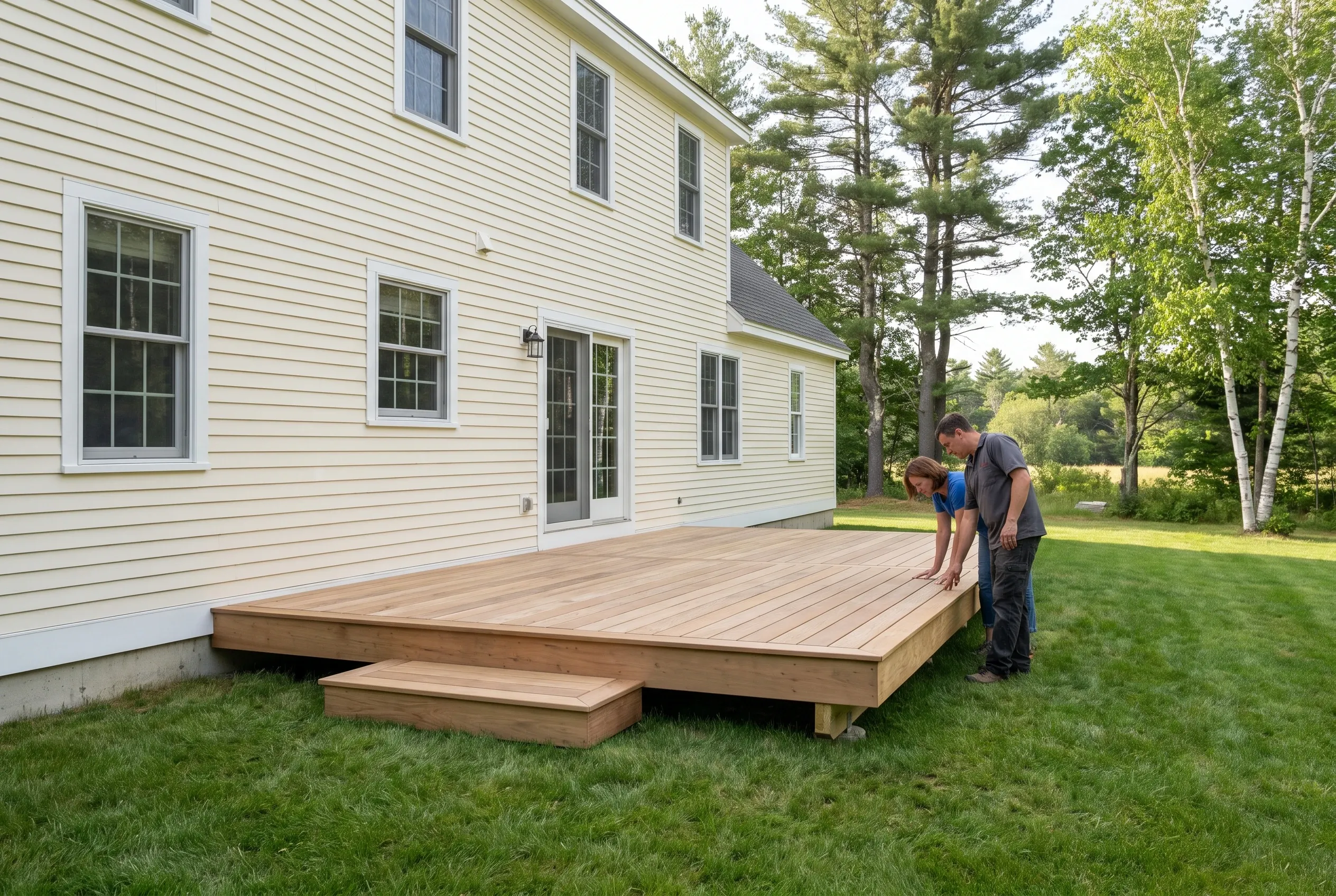 Two people lean over the edge of a low wood-tone deck with a step beside a white two-story house