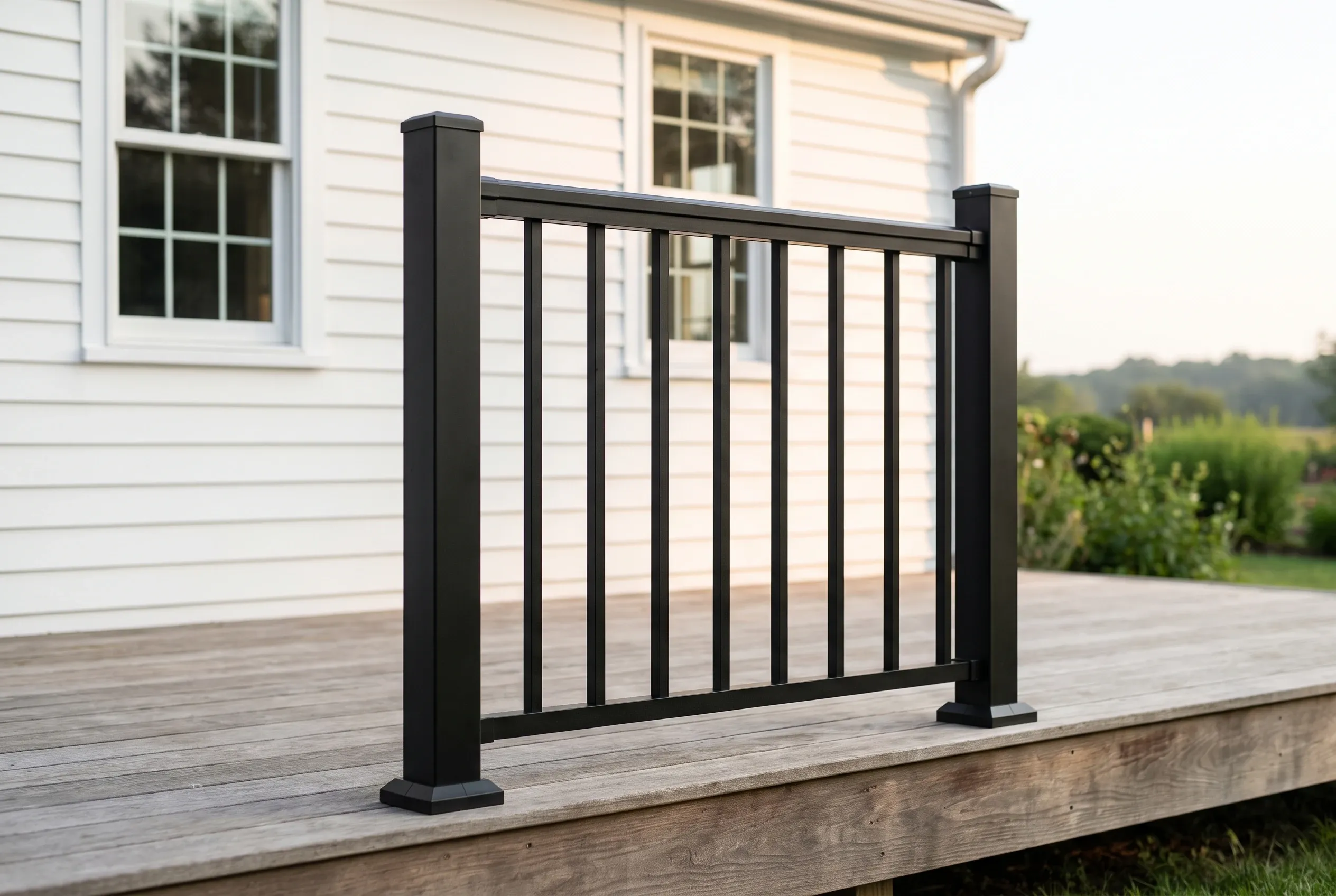 Black metal railing section with square posts and vertical balusters mounted on a weathered wood deck beside a white clapboard house