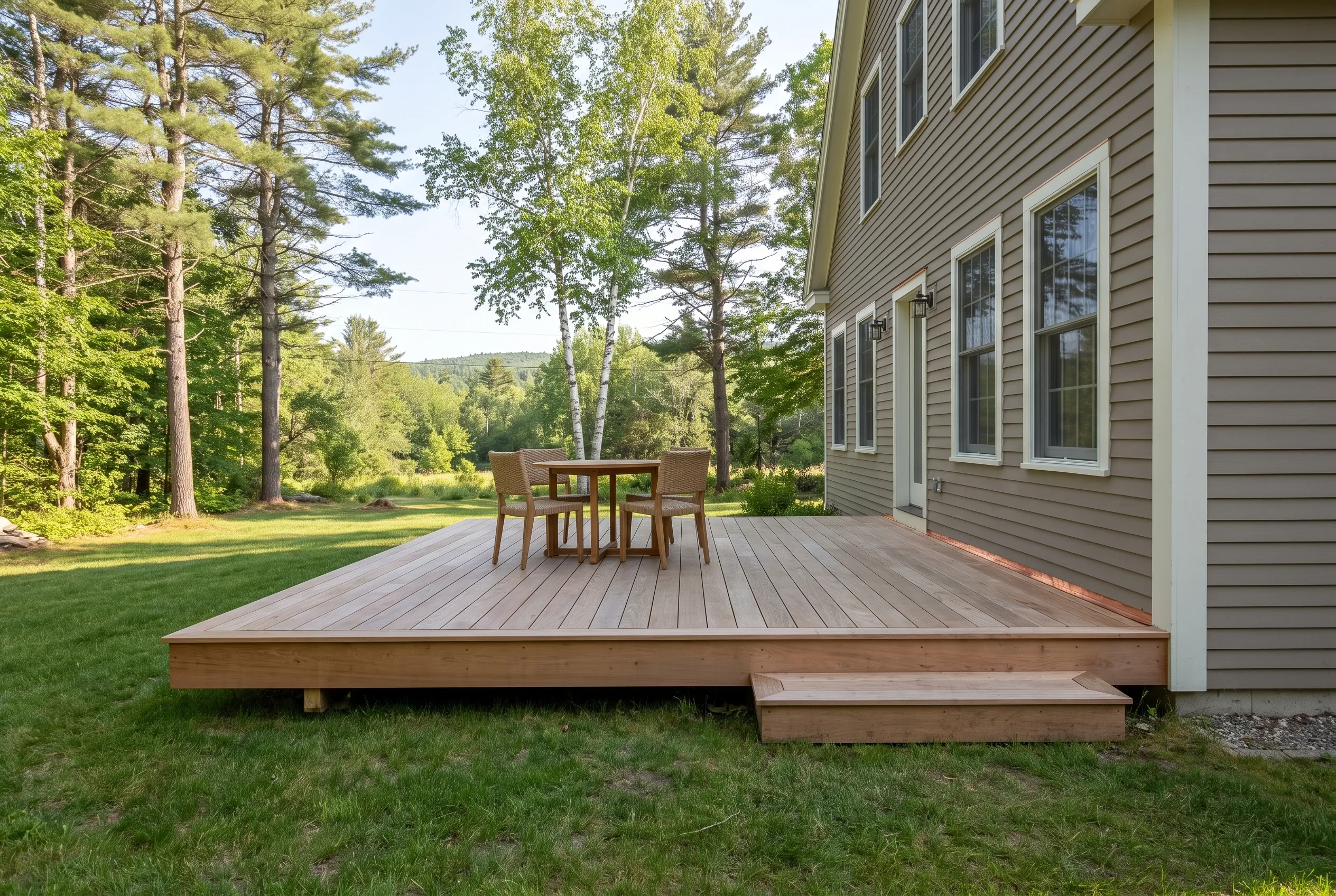 Low wood-toned deck with a step beside a gray-sided house, holding a small table and two chairs, trees behind