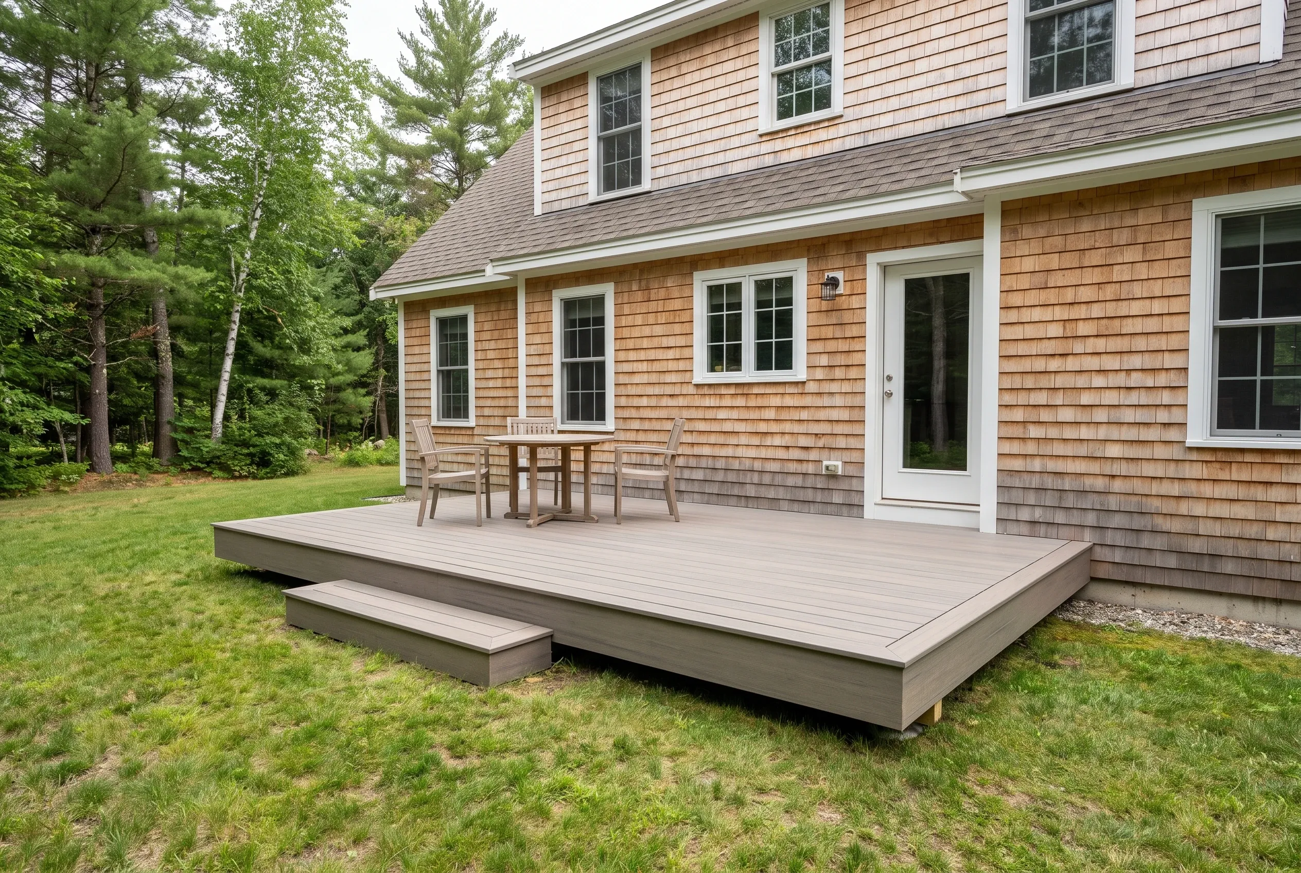 Deck builders in Baldwin, ME: low gray deck with one step, table and chairs, beside a cedar-shingled two-story house and lawn