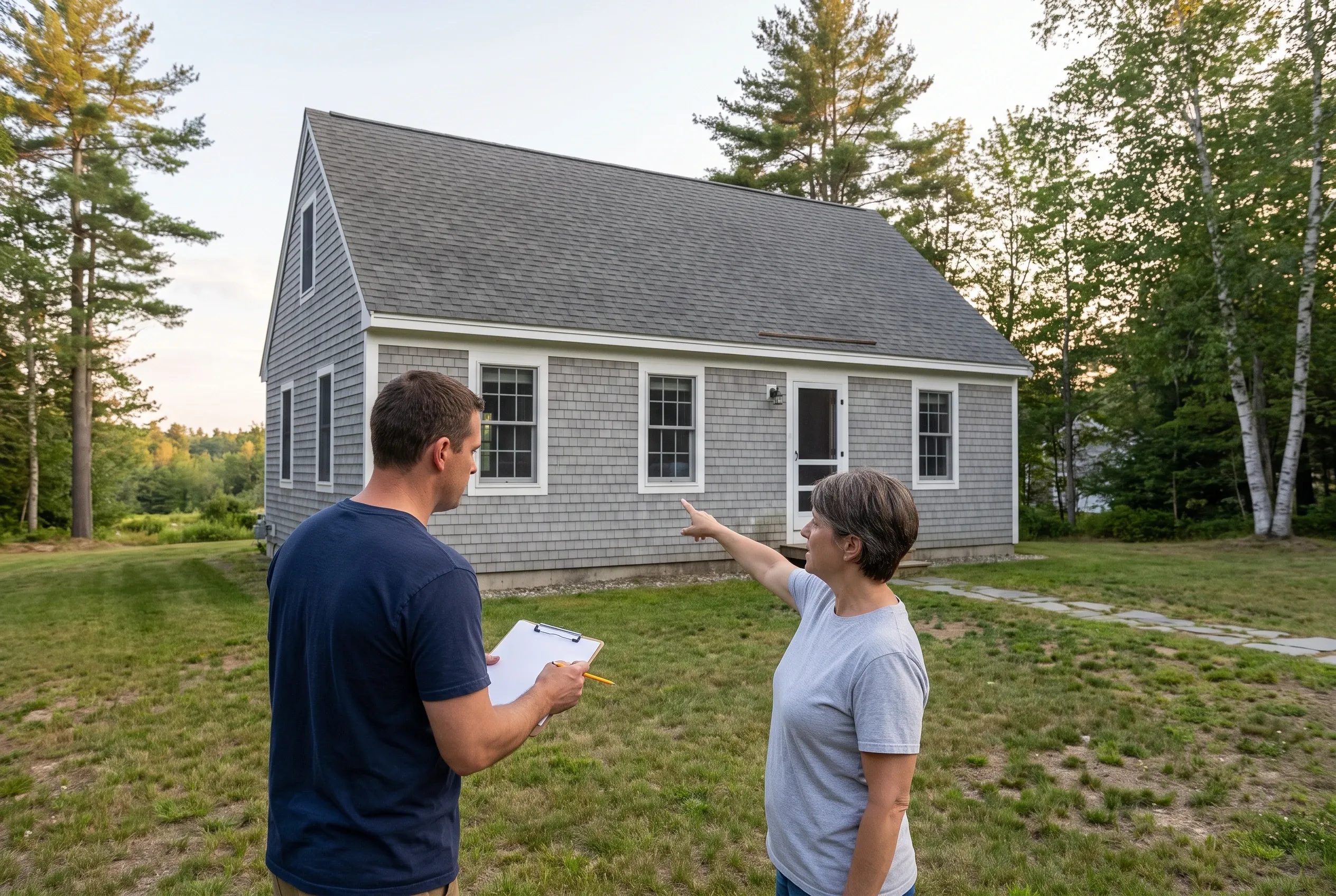 Man holding a clipboard talks with a woman who points toward a gray shingled house while they stand in the grassy yard