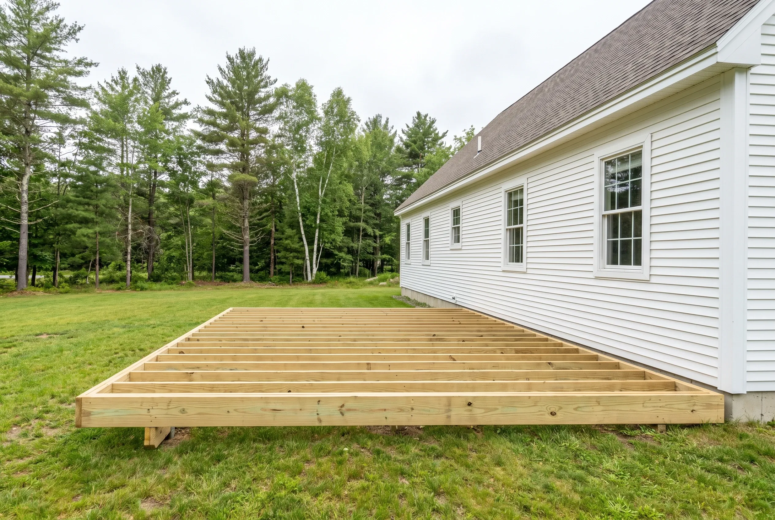 Undecked wood deck frame with parallel joists resting on a lawn beside a white house, with tall trees in the background