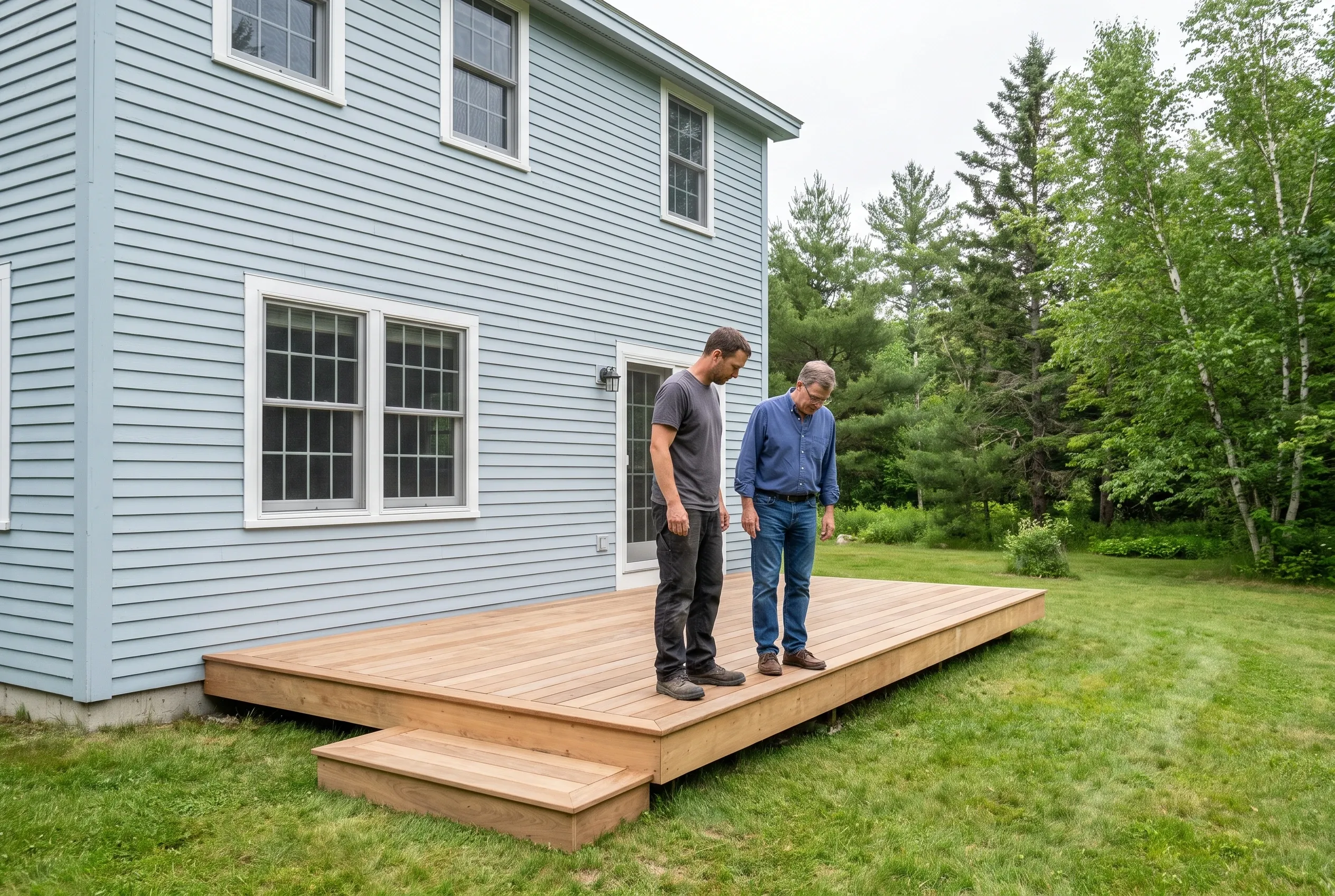 Two men stand on a finished low wood deck with a step, looking down at the boards beside a light blue house