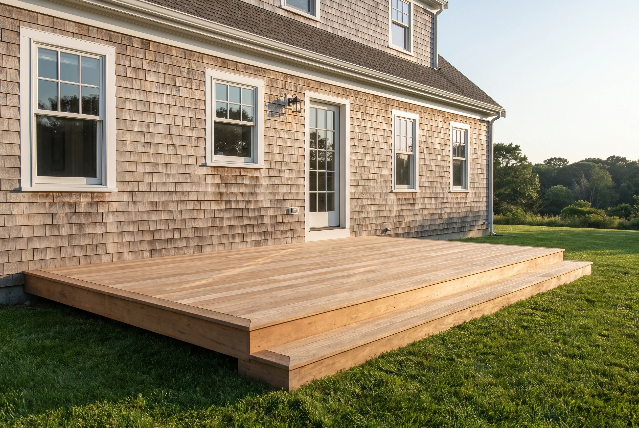 Low wood deck with a full-length step along its front edge beside a cedar-shingled house and grassy yard
