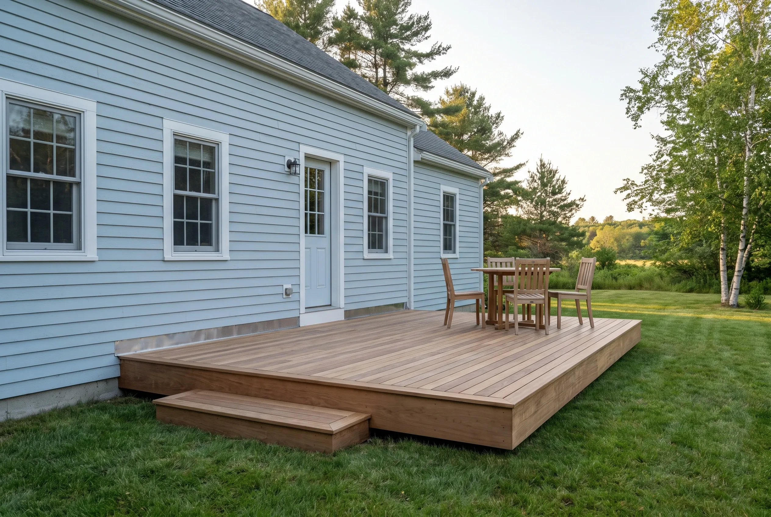 Low wood-tone deck with a step, table and chairs along the back of a light blue clapboard house
