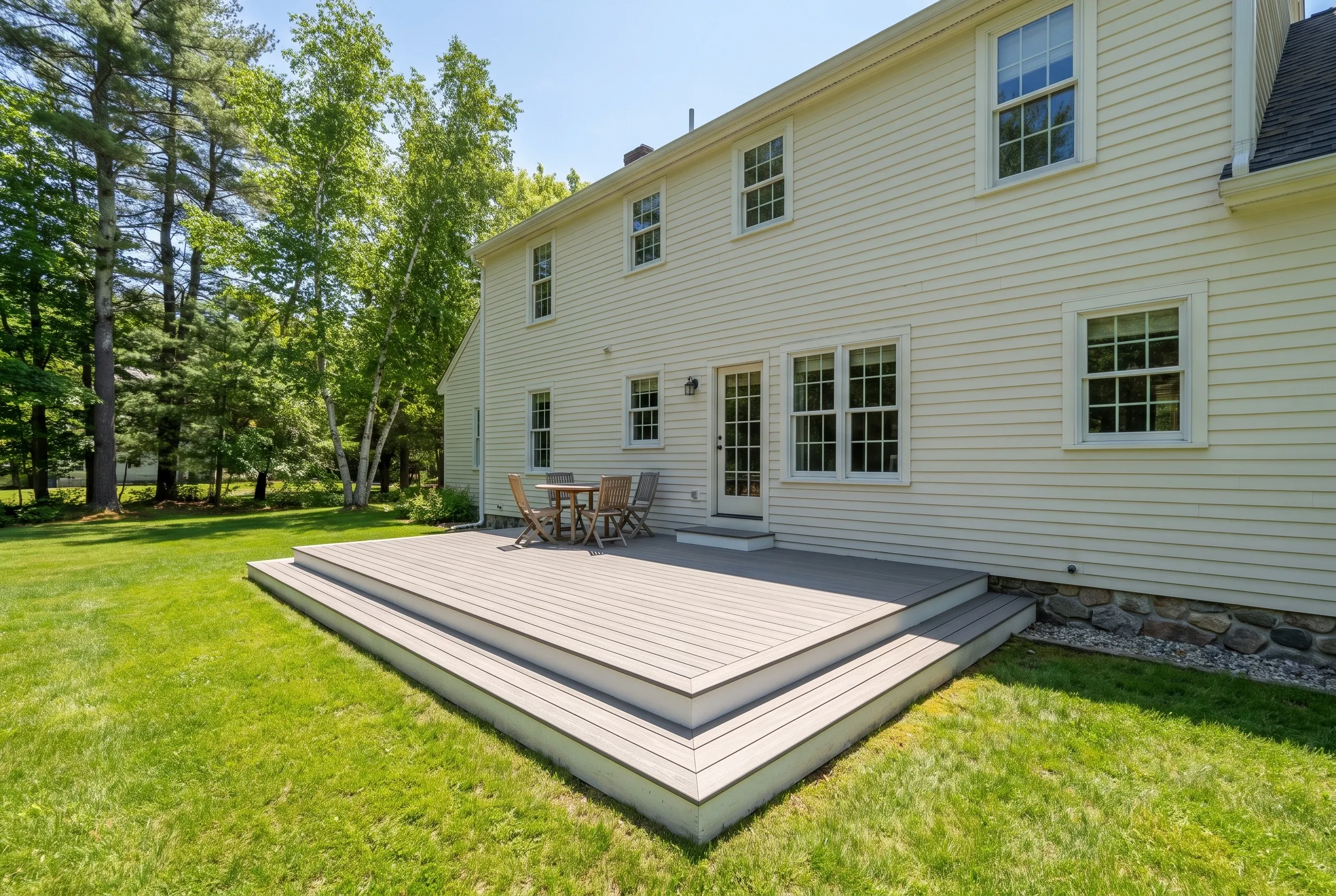 Deck builders in Berwick, ME: two-level gray deck with patio table and chairs behind a cream two-story clapboard house