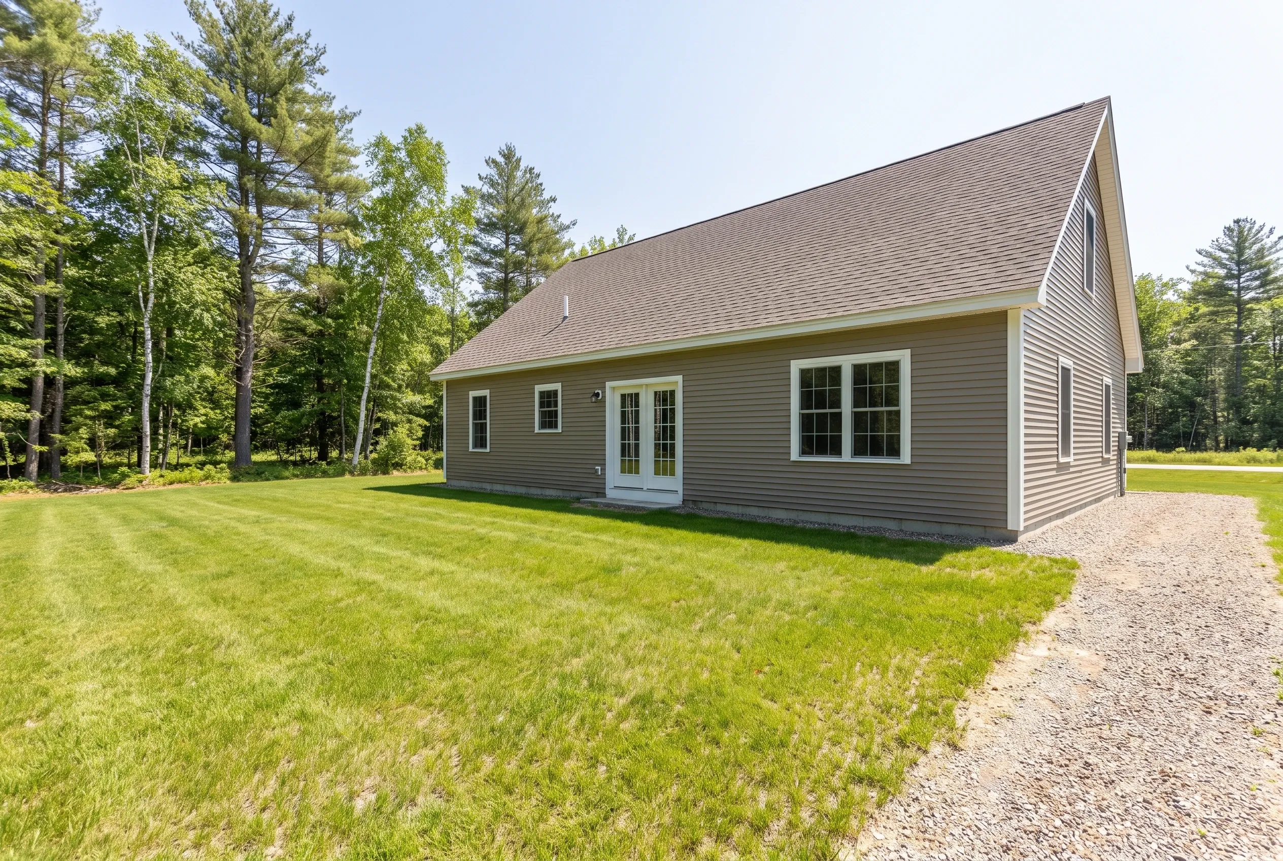 Tan single-story house with French doors facing a wide lawn and gravel driveway, trees behind, with no deck present