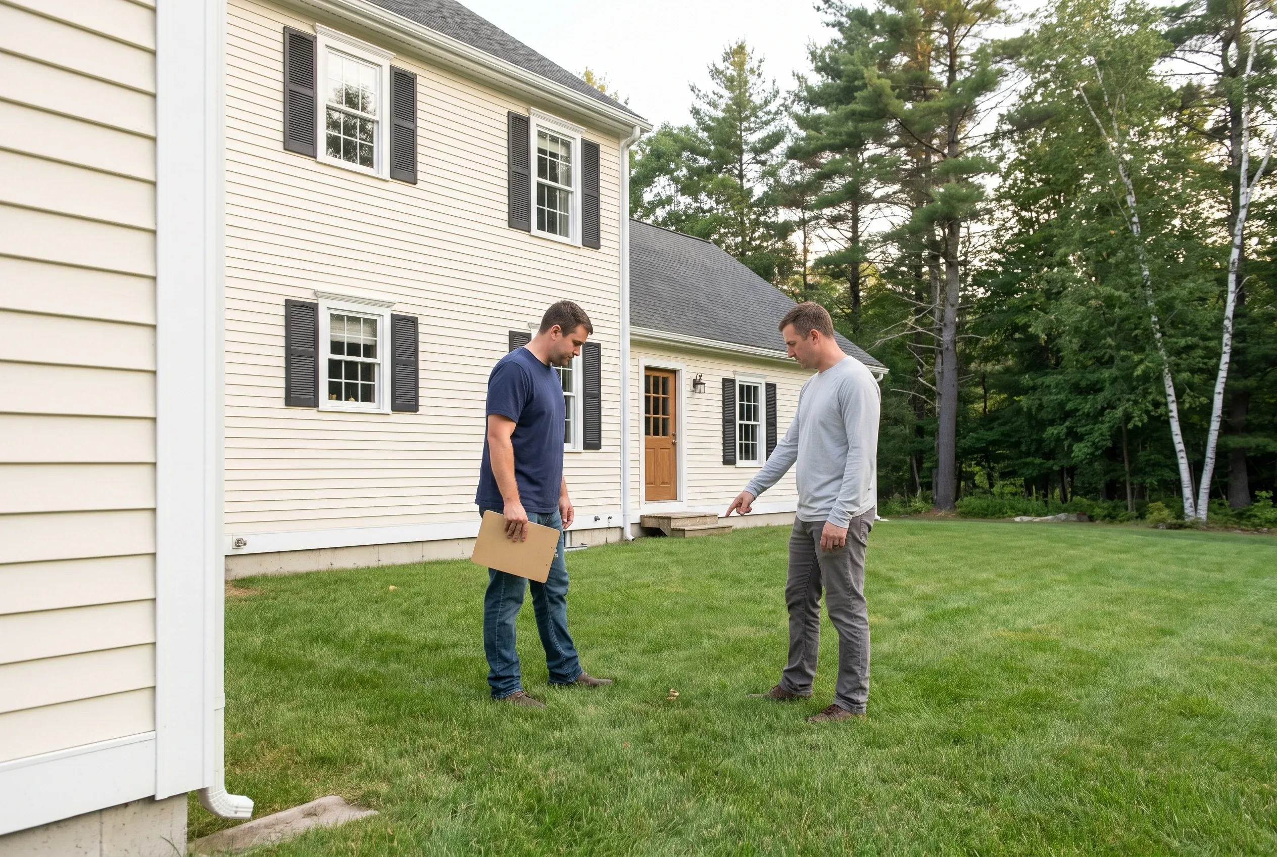 Two men stand on a backyard lawn beside a white two-story house, one holding a clipboard while the other points toward the yard
