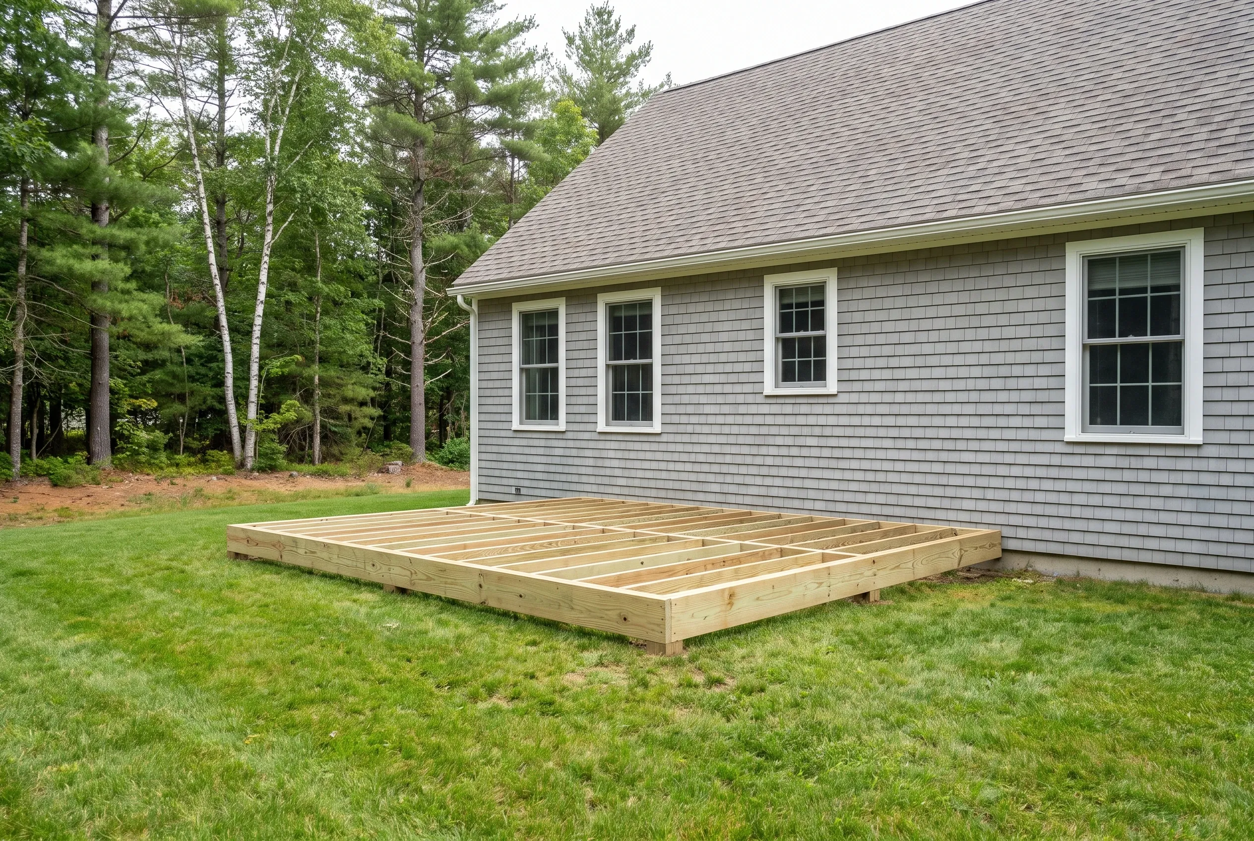 Undecked low wood deck frame with exposed joists resting on a lawn beside a gray shingled house with trees behind