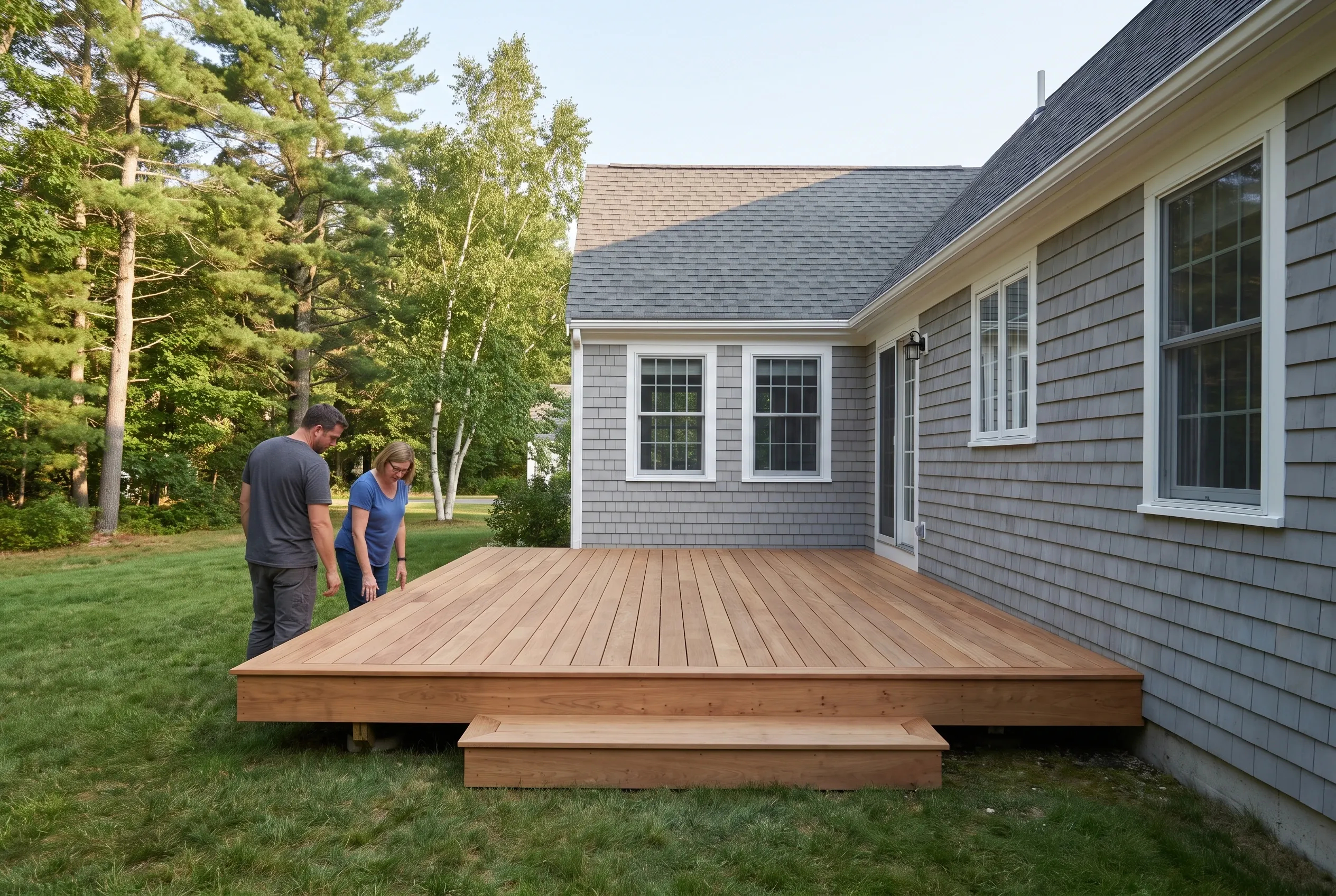 Two people stand beside a finished low wood deck with a wide step along a gray shingled house in a wooded yard