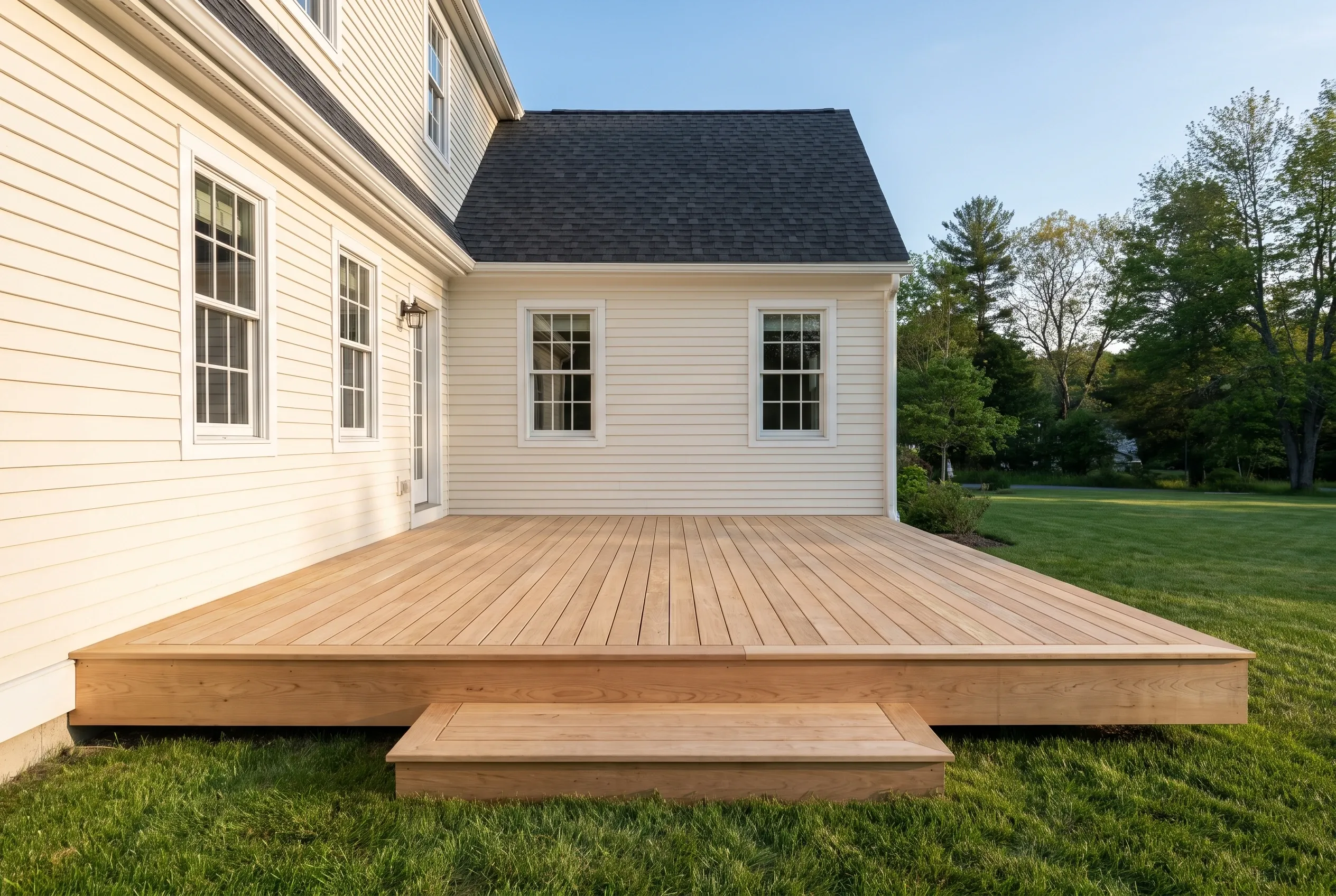 Low wood platform deck with one centered step on a lawn behind a white clapboard house with trees