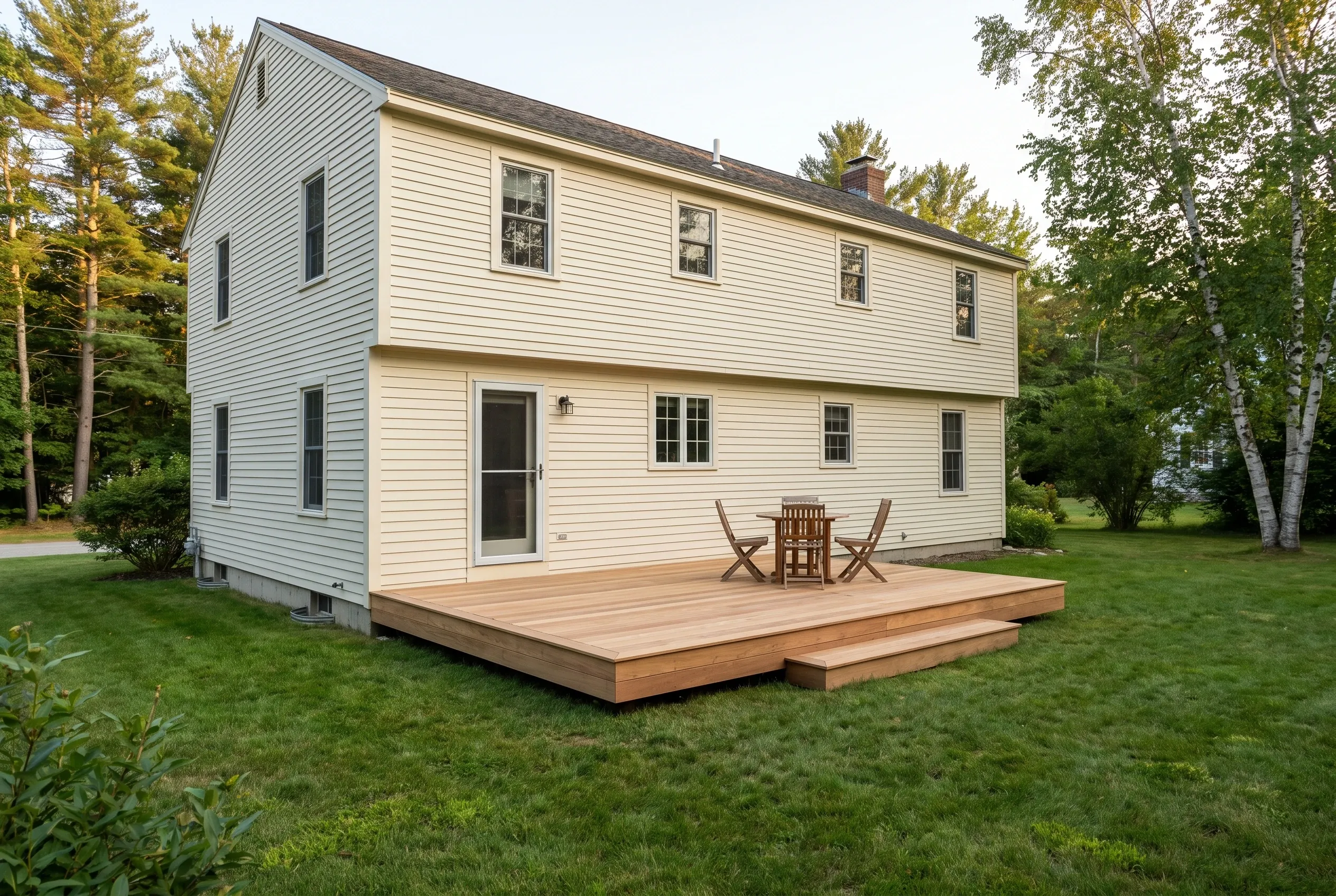 Low wood deck with a step, a small table and chairs, set against a cream-sided two-story house with surrounding trees