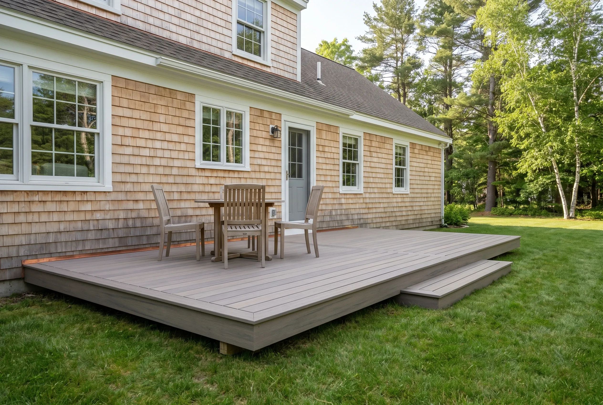 Deck builders in Biddeford, ME: low gray deck with steps, wooden table and chairs beside a cedar-shingled house and lawn