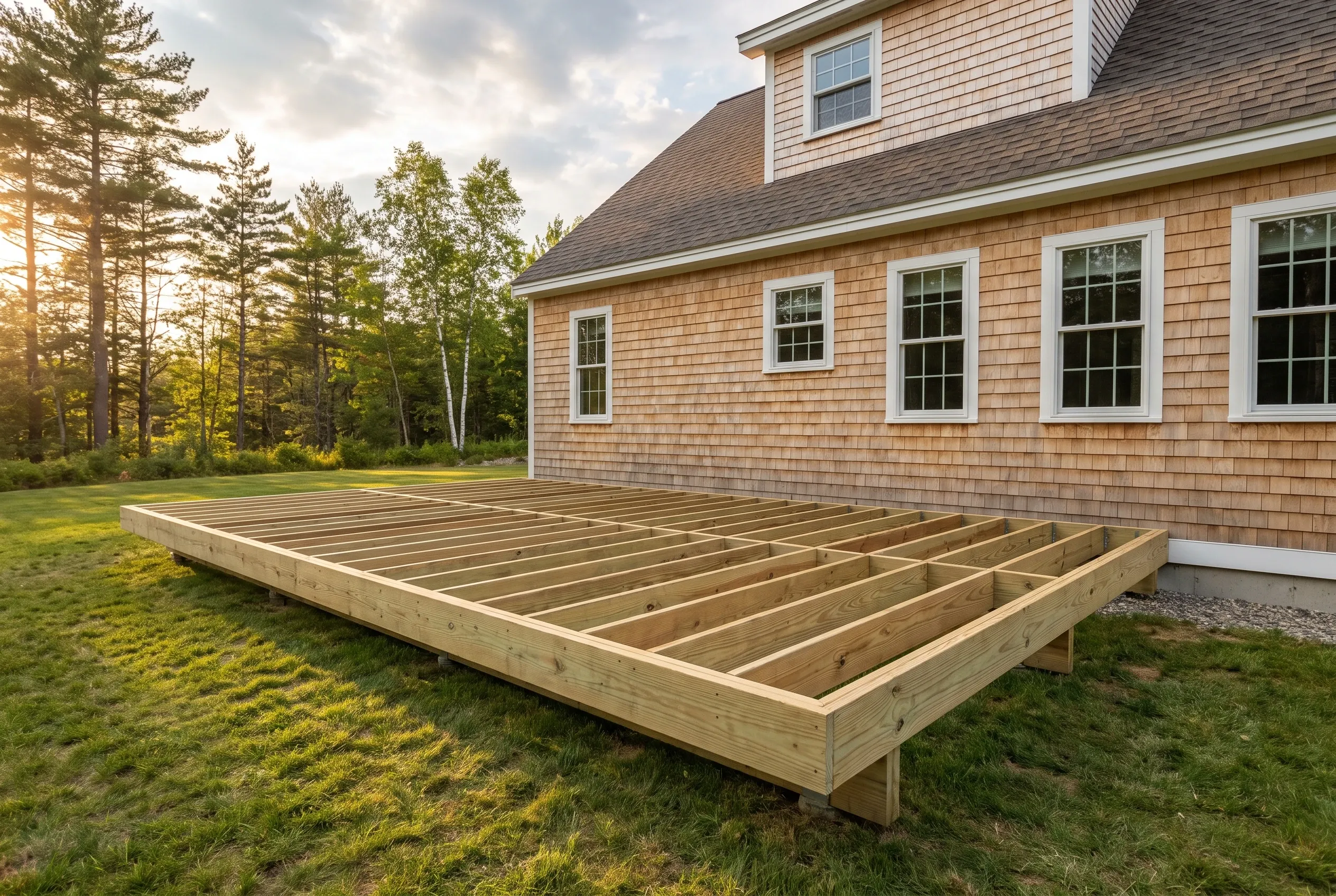 Undecked wood deck frame with exposed joists and posts on a lawn beside a cedar-shingled house at low sun