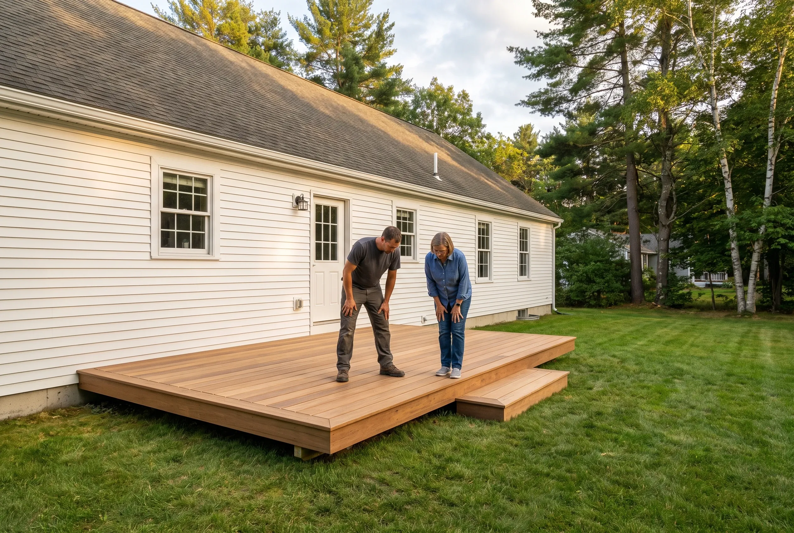 Two people look down at the boards of a low brown wood deck with a single step beside a white sided house