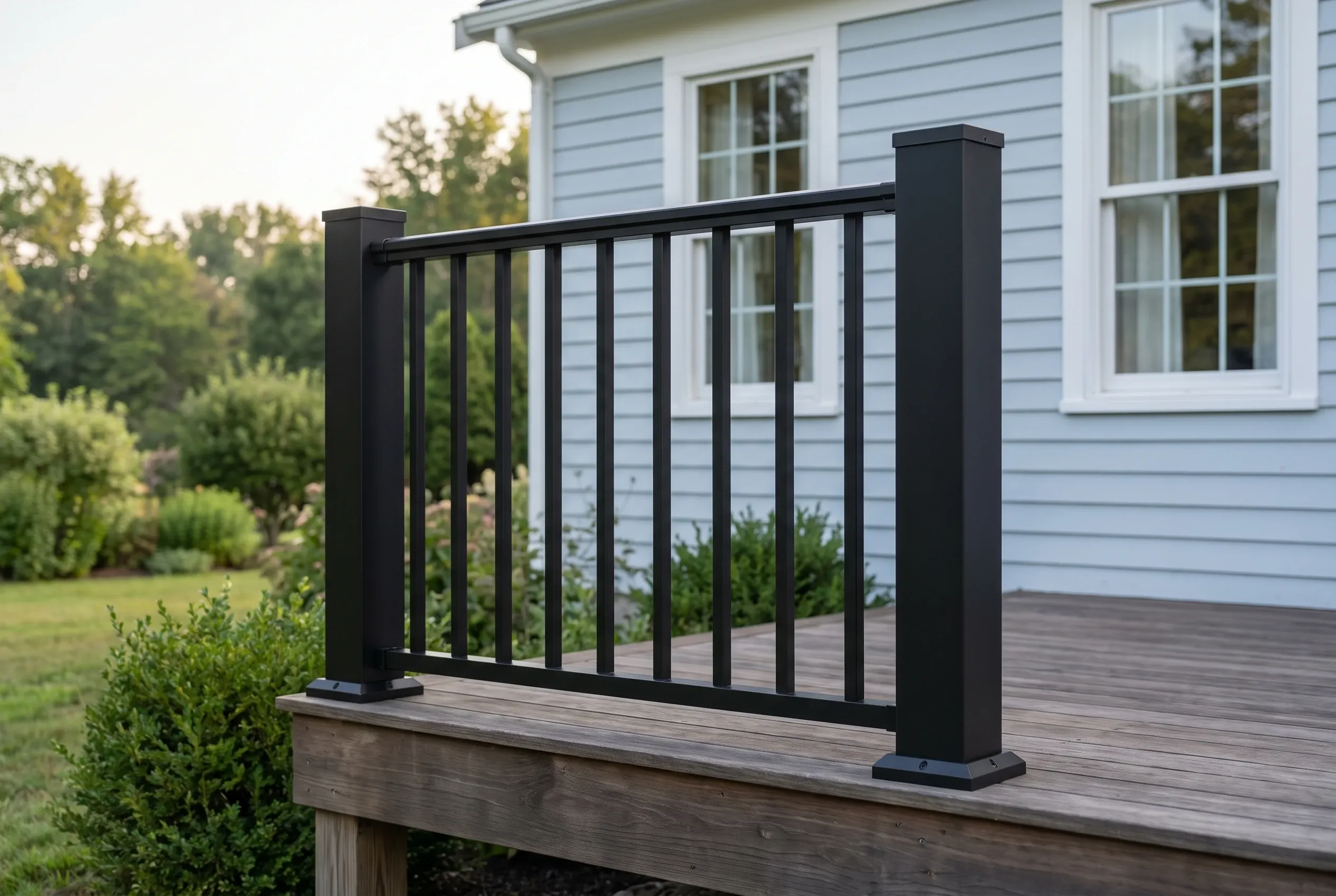 Black metal railing panel with vertical balusters on a gray wood deck next to a light blue sided house and shrubs