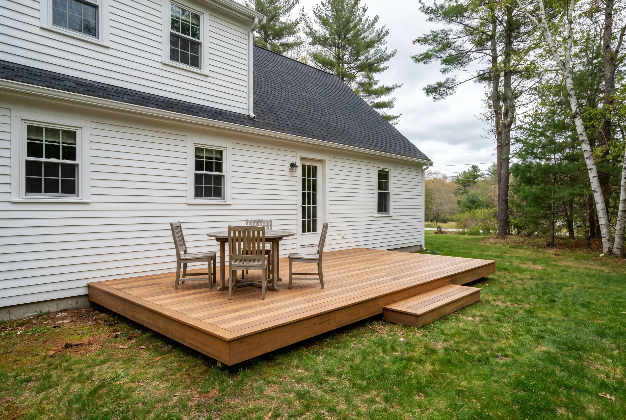 Low natural wood deck with a step, wooden table and four chairs, attached to a white-sided house near trees